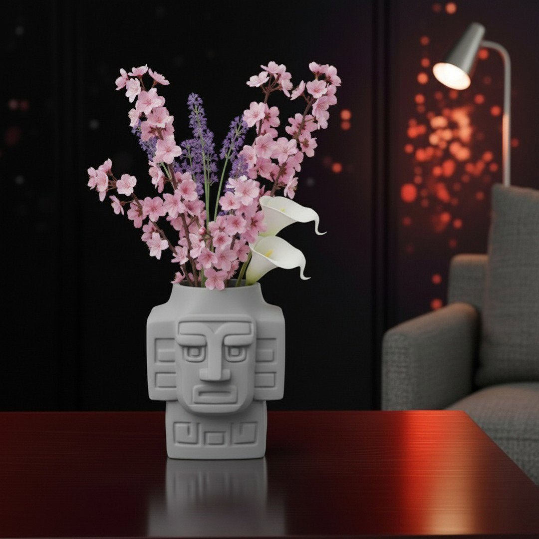 3D Printed Totem Face Vase Modern Tribal Decor Eco - Friendly PLA Contemporary Centerpiece - Pashmation
