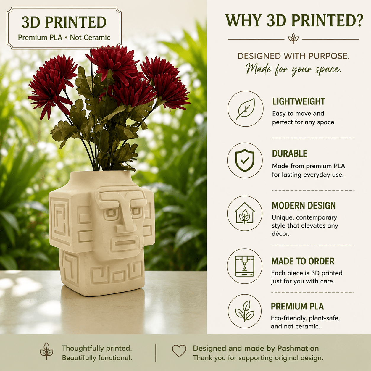 3D Printed Totem Face Vase Modern Tribal Decor Eco-Friendly PLA Contemporary Centerpiece by Pashmation
