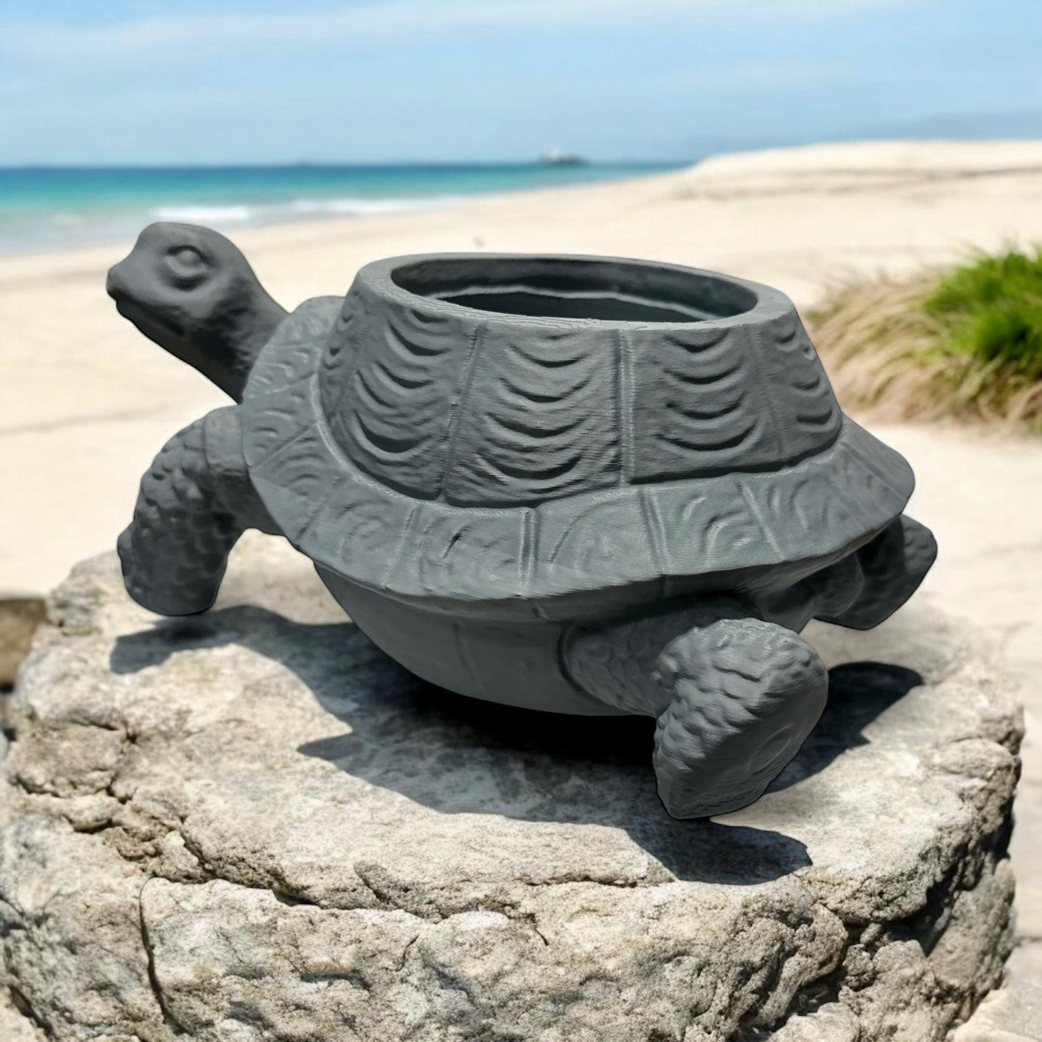 Gray Turtle Planter on sand – figural animal planter sculptural decor