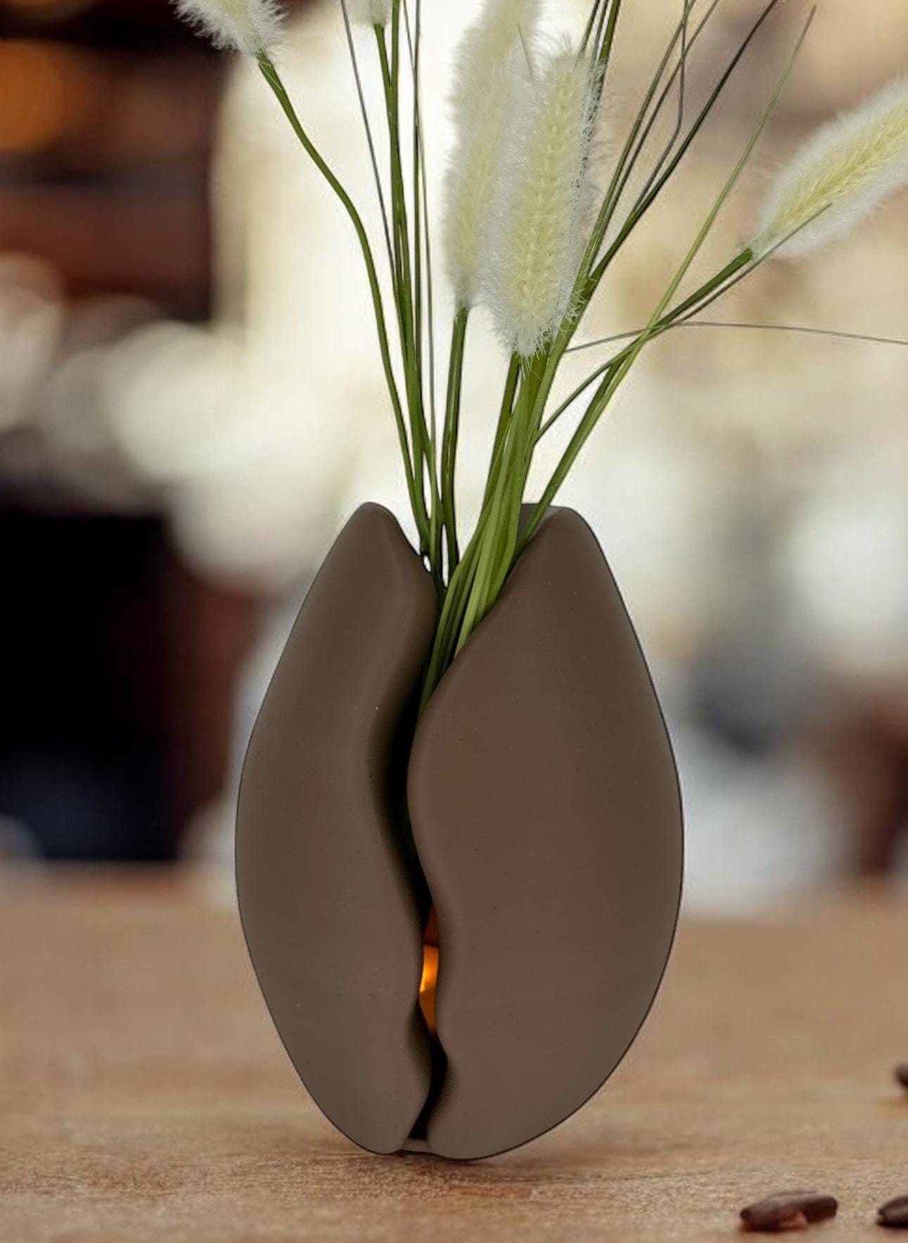 Coffee Bean Vase styled with dried florals – figural split-pod centerpiece