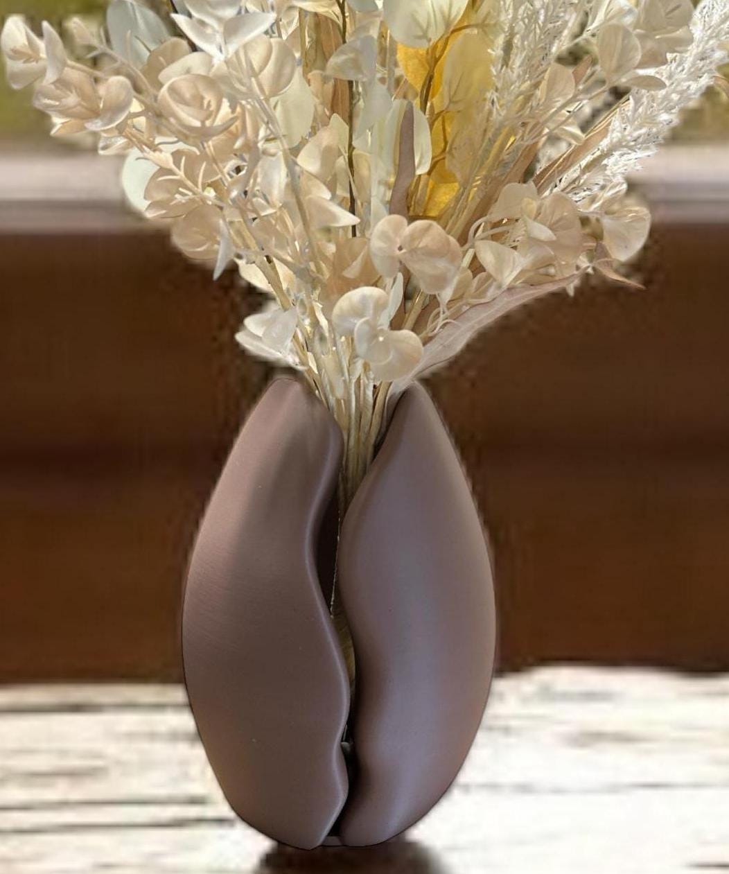 Coffee Bean Vase styled with dried florals – figural split-pod centerpiece