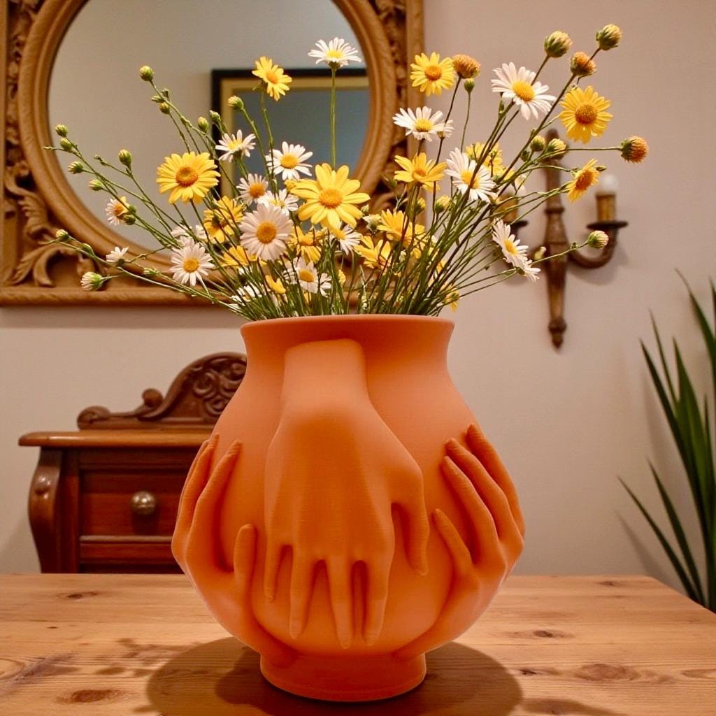 Orange Multi-Hand Vase with autumn florals – sculptural figural decor centerpiece