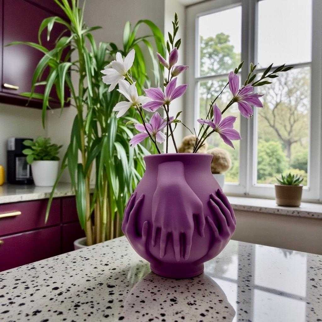 Purple Multi-Hand Vase with pink lilies in modern kitchen – sculptural figural centerpiece