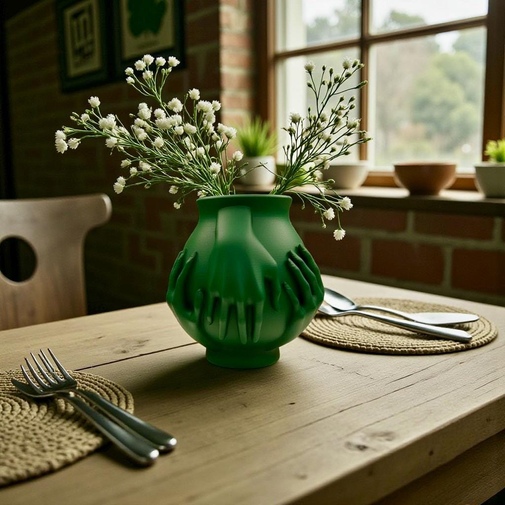 Green Grass Multi-Hand Vase styled with mixed florals – sculptural figural centerpiece