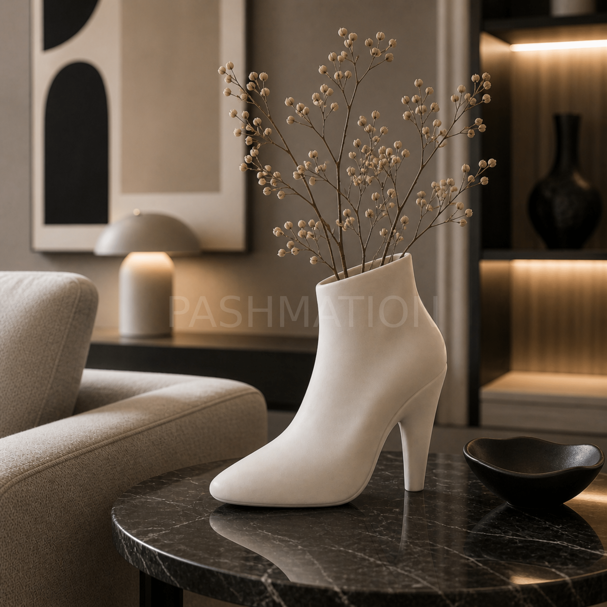 White High Heel Vase styled in interior – figural boot sculptural decor