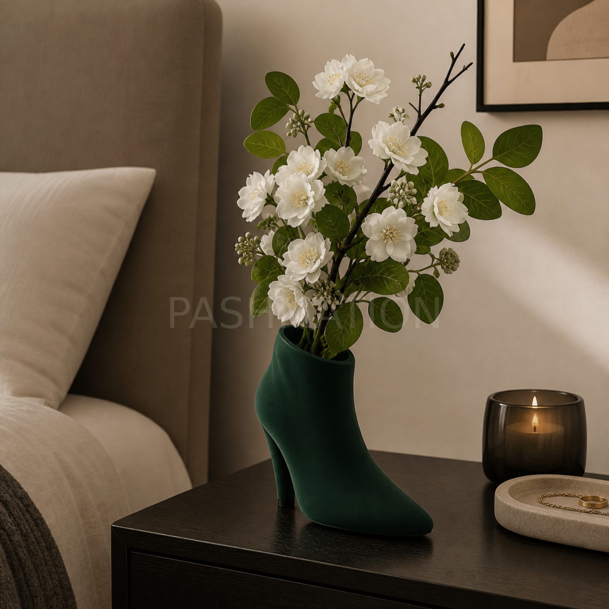 High Heel Vase styled in modern home – figural boot sculptural centerpiece