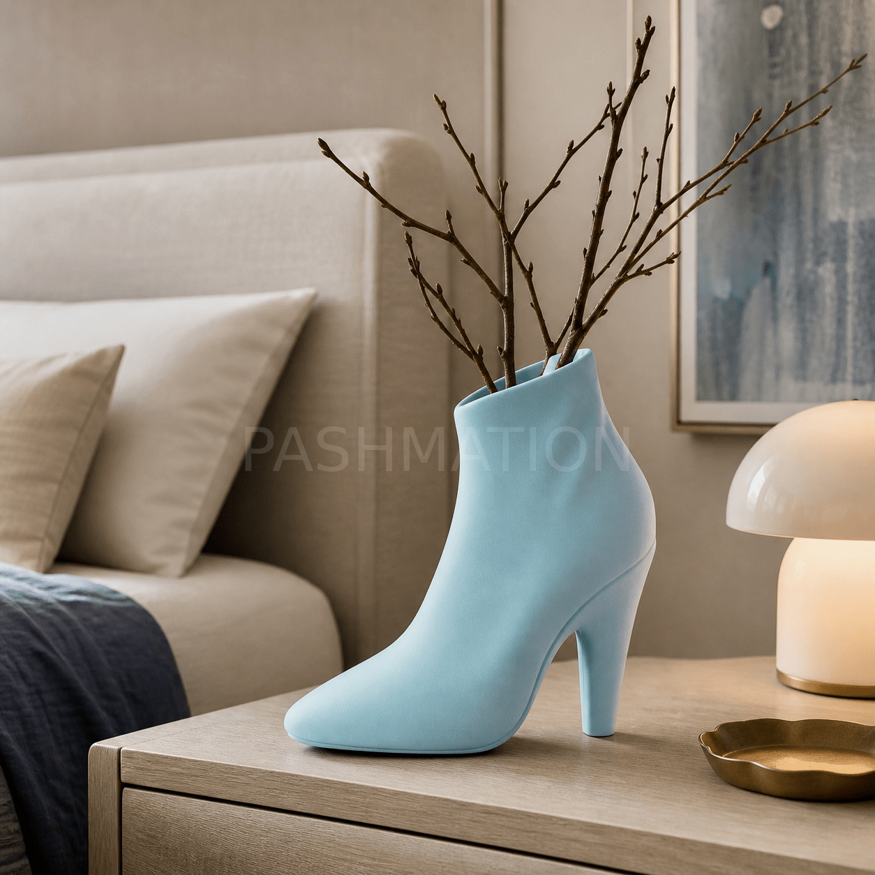 Ice Blue High Heel Vase styled with brushes – figural boot vase