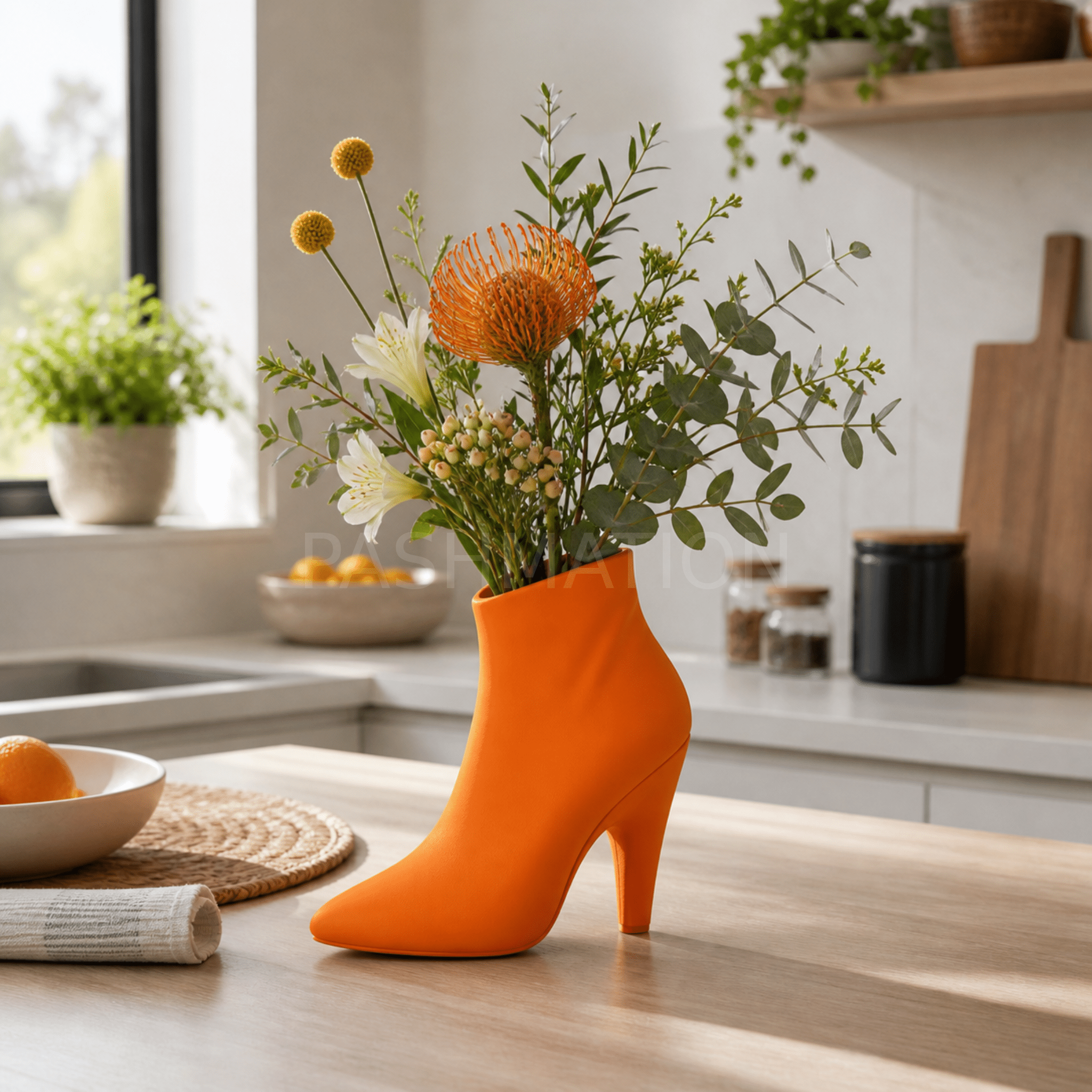 High Heel Vase styled in modern home – figural boot sculptural centerpiece