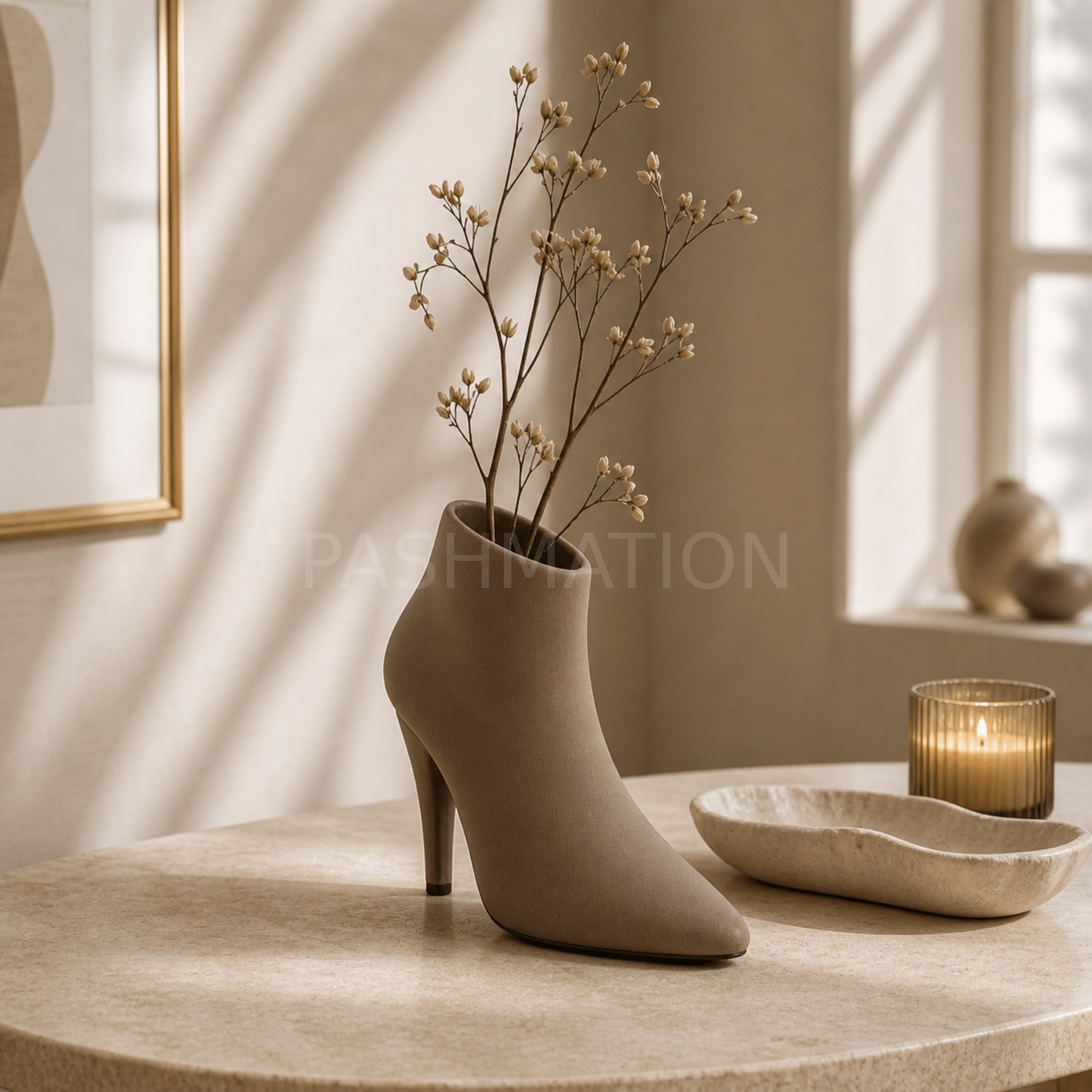 Latte High Heel Vase on vanity – figural boot decor for styled interiors
