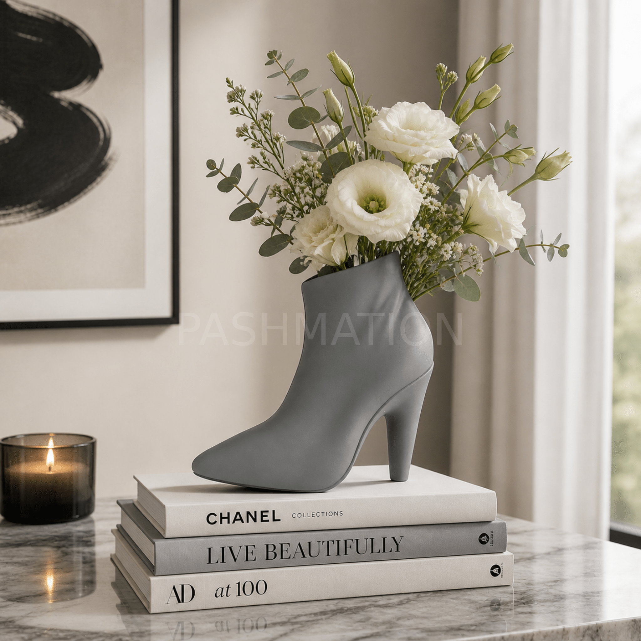 High Heel Vase styled in modern home – figural boot sculptural centerpiece