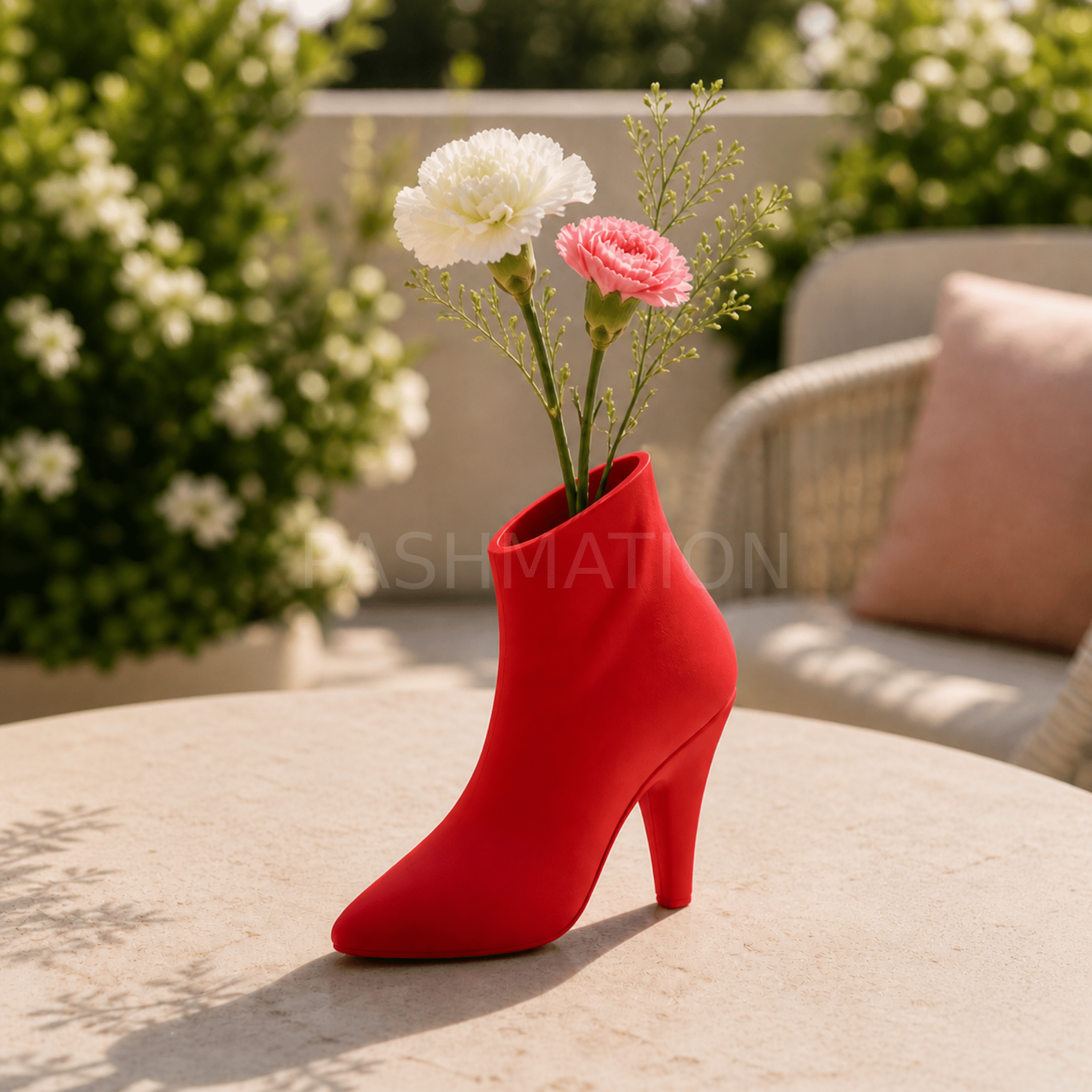 Red High Heel Vase with red roses – figural boot sculptural centerpiece