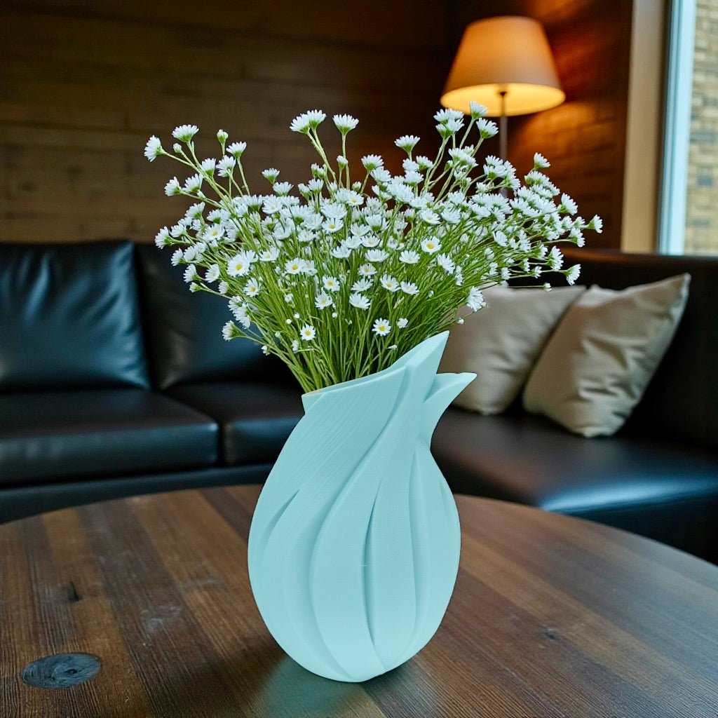 Flame Vase styled with mixed florals – twisted sculptural decor