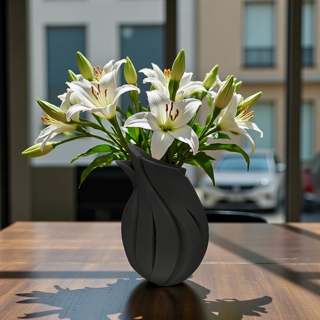 Black Flame Vase styled with lilies in modern interior