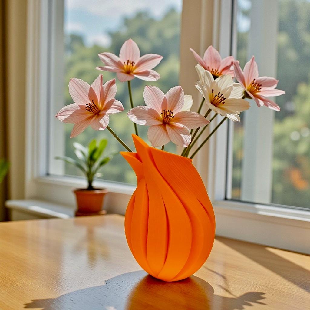 Orange Flame Vase with botanicals on console – sculptural twisted form