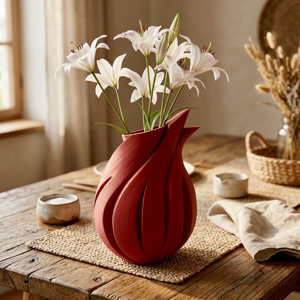 Red Flame Vase styled with mixed florals – twisted sculptural decor
