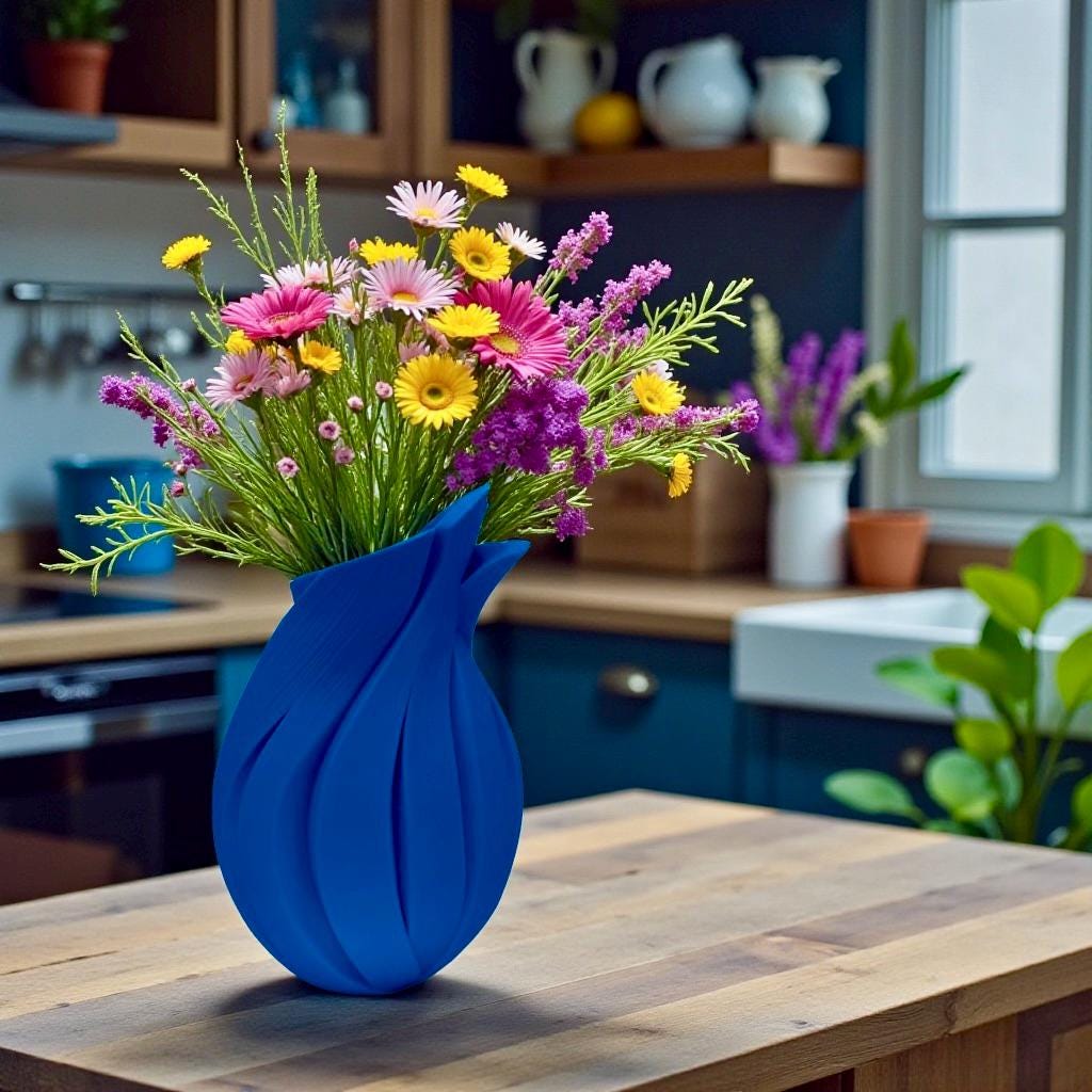 Blue Flame Vase with florals – flame-inspired sculptural centerpiece