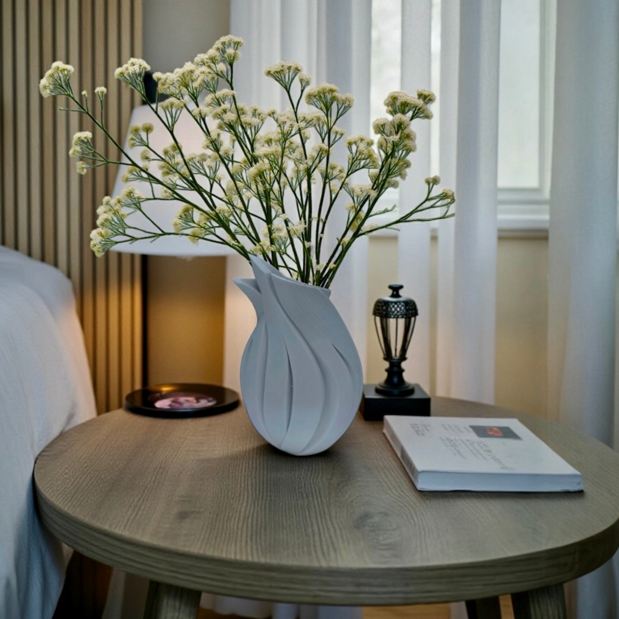 Flame Vase styled with mixed florals – twisted sculptural decor