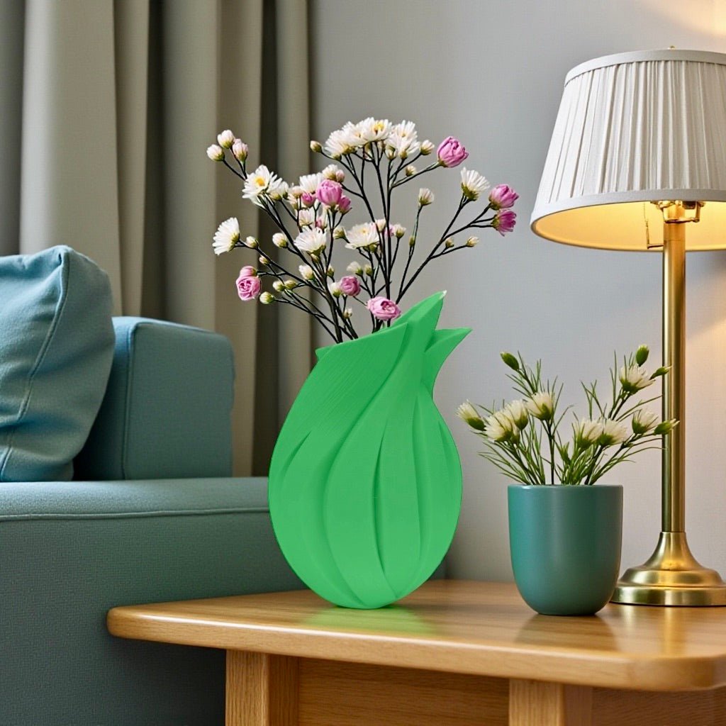 Flame Vase styled with mixed florals – twisted sculptural decor