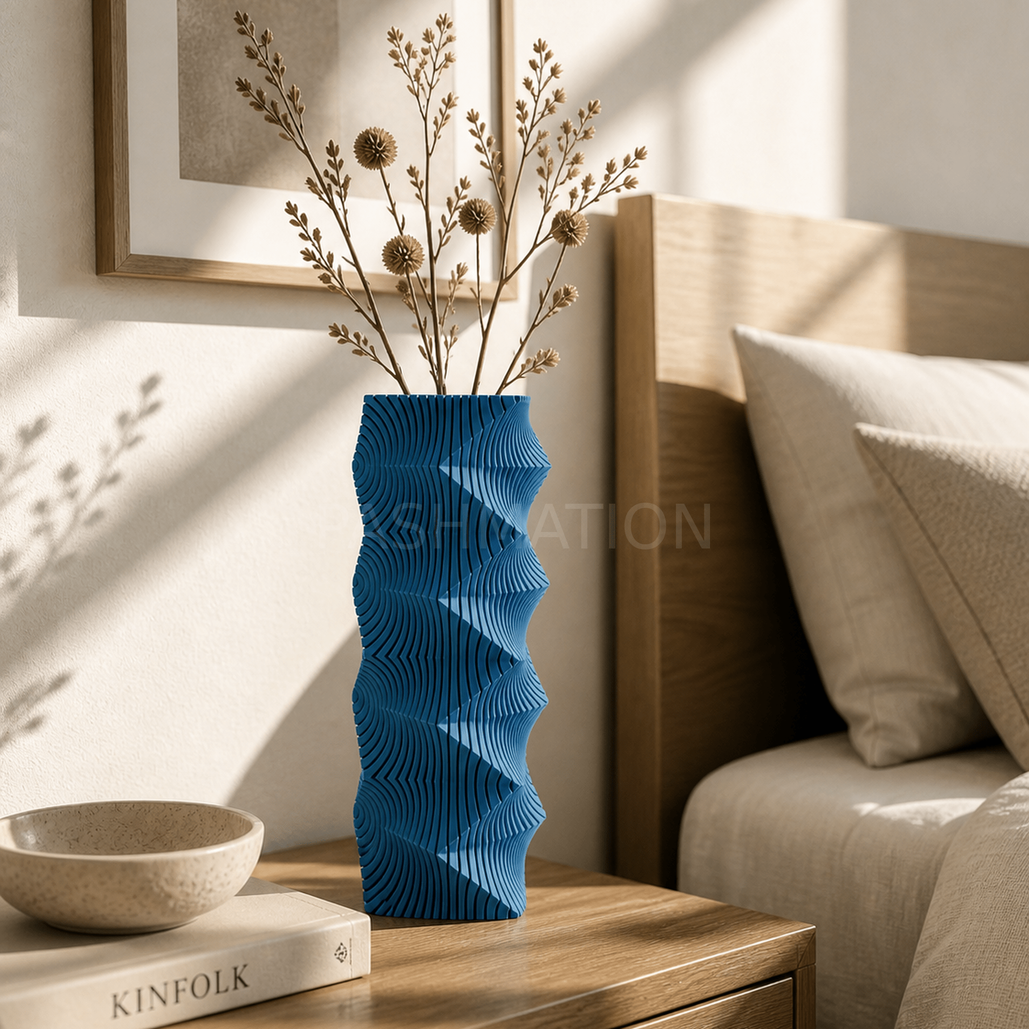 Marine Blue Geometric Wave Vase styled in modern home interior