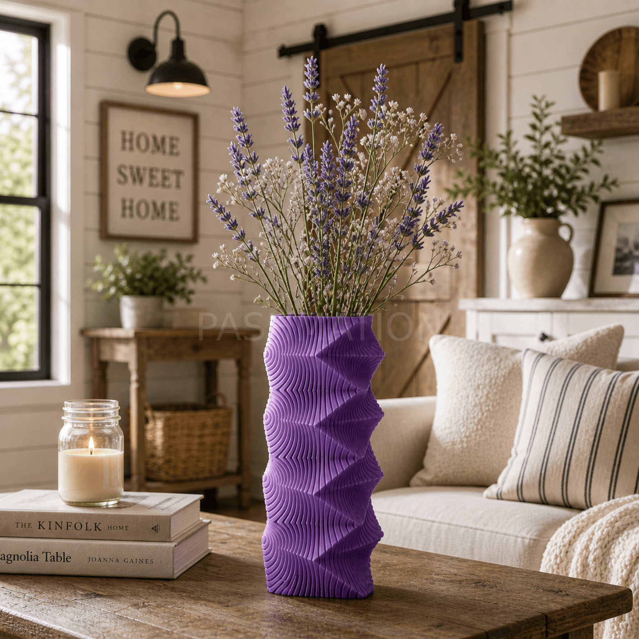 Geometric Wave Vase – tall carved column with wave pattern