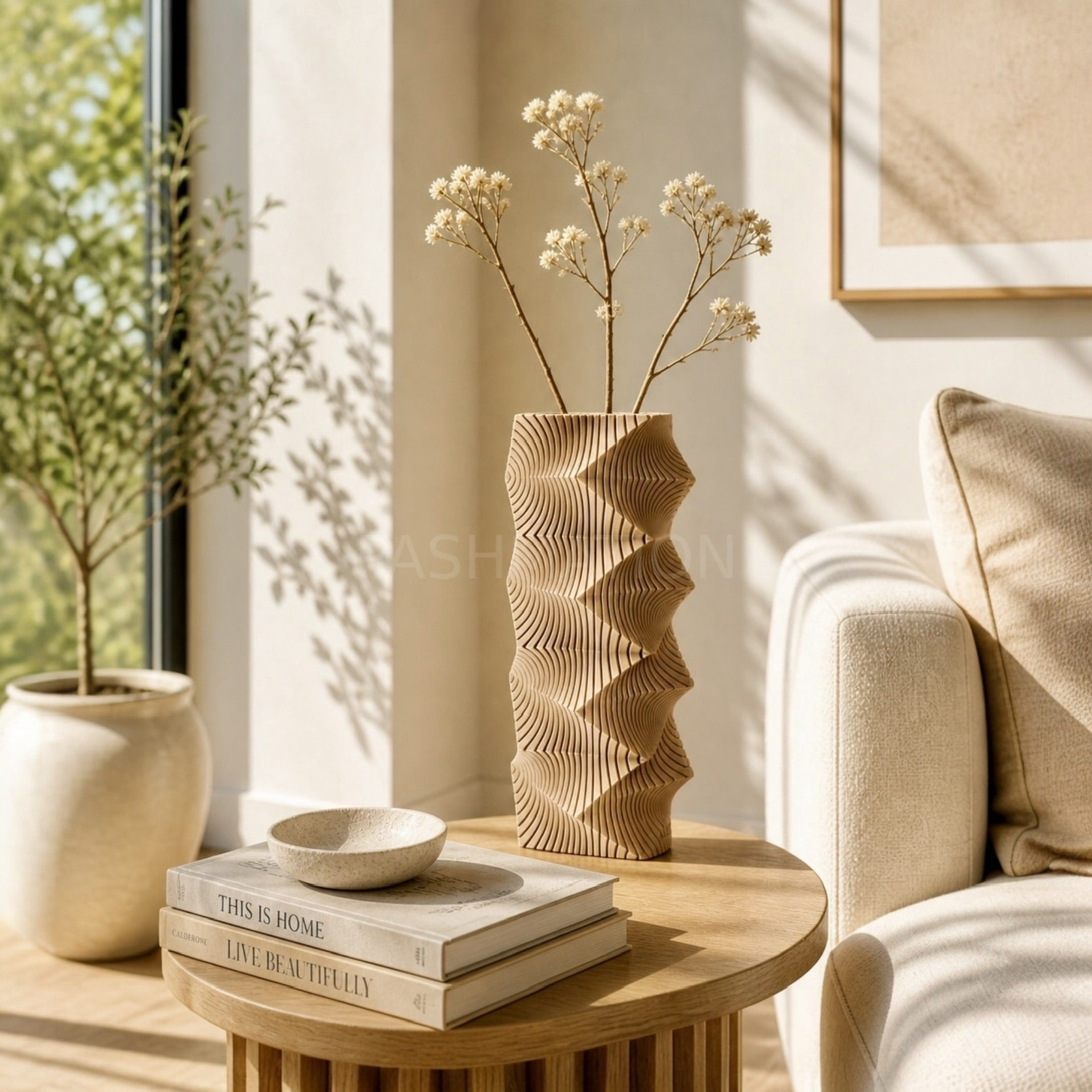 Tan Geometric Wave Vase styled in modern bedroom interior