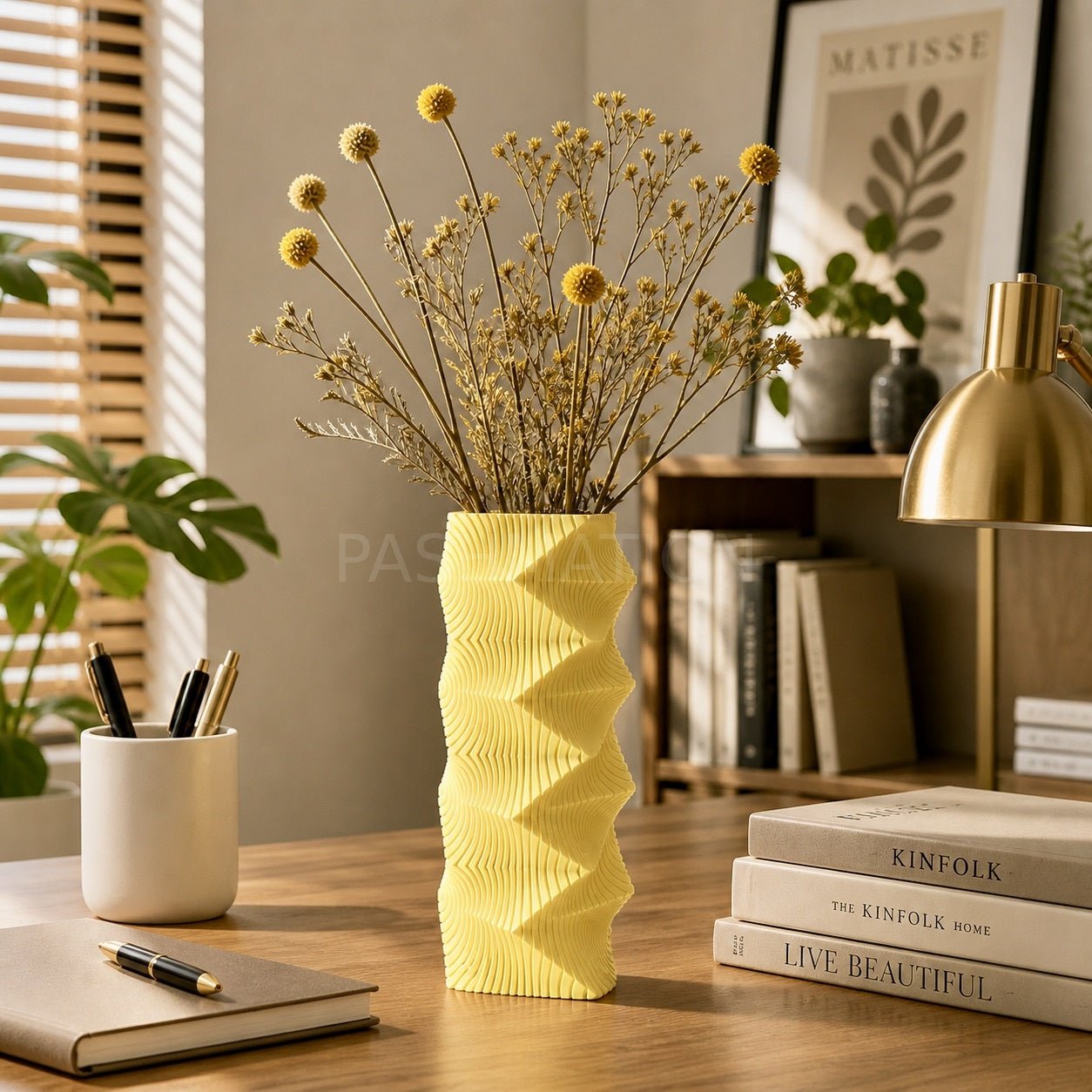 Tan Geometric Wave Vase styled in modern bedroom interior