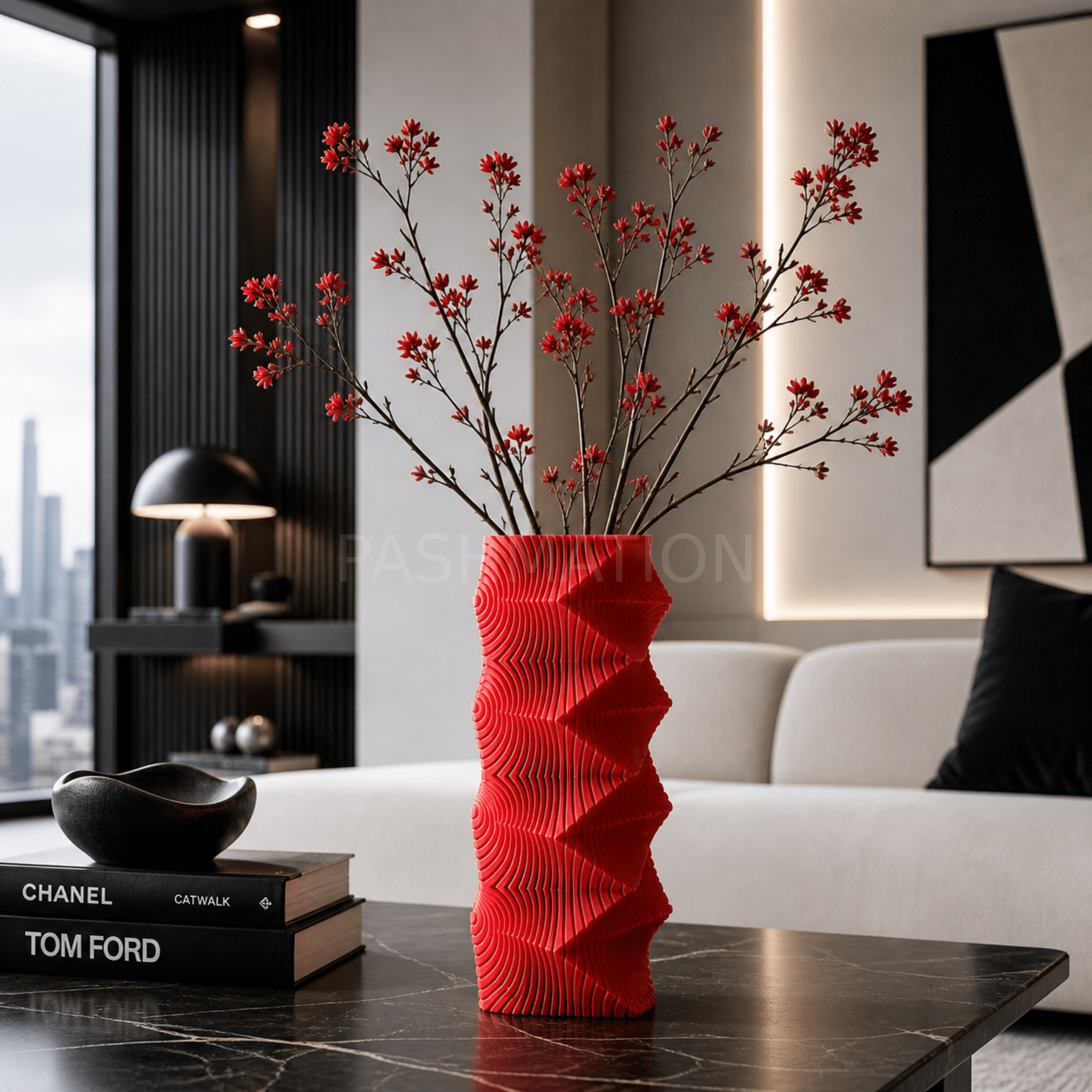 Dark Red and gray Geometric Wave Vases on shelf – tall sculptural column decor