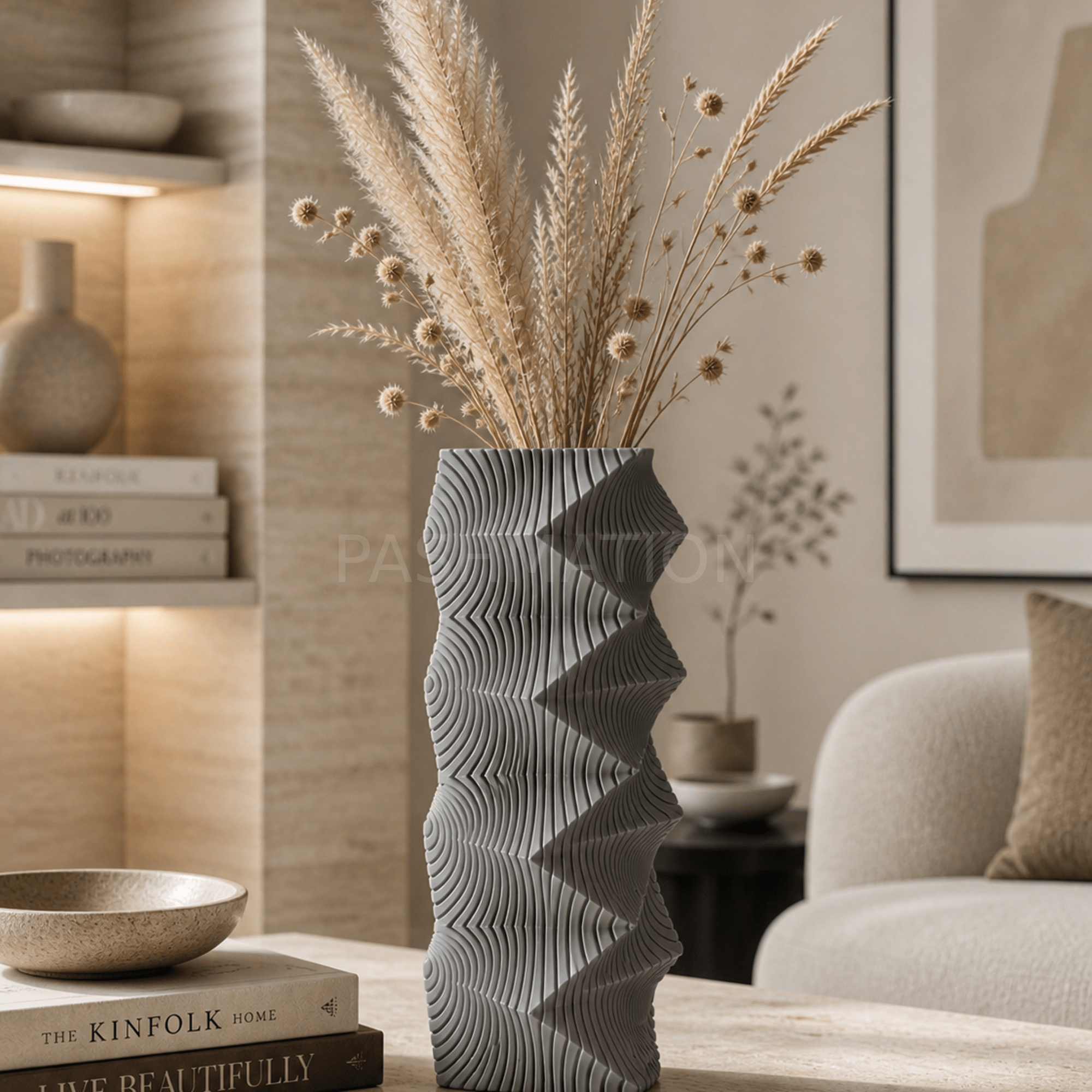 Grey Geometric Wave Vase – tall carved column with wave pattern