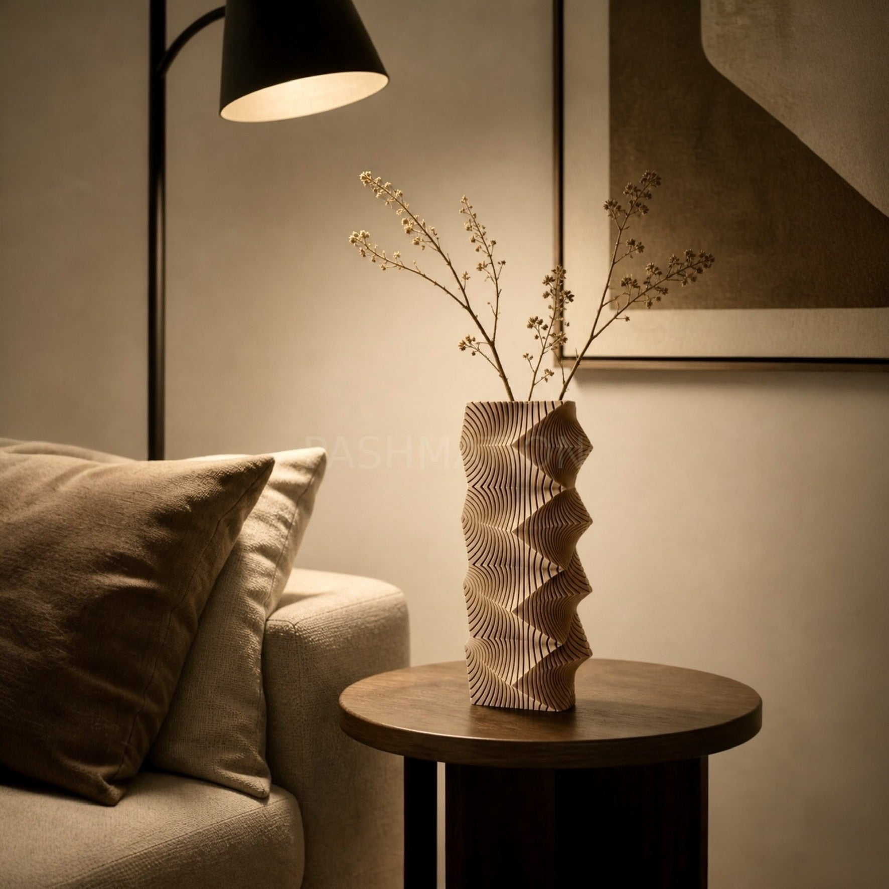 Latte Geometric Wave Vase styled with botanicals – tall sculptural decor