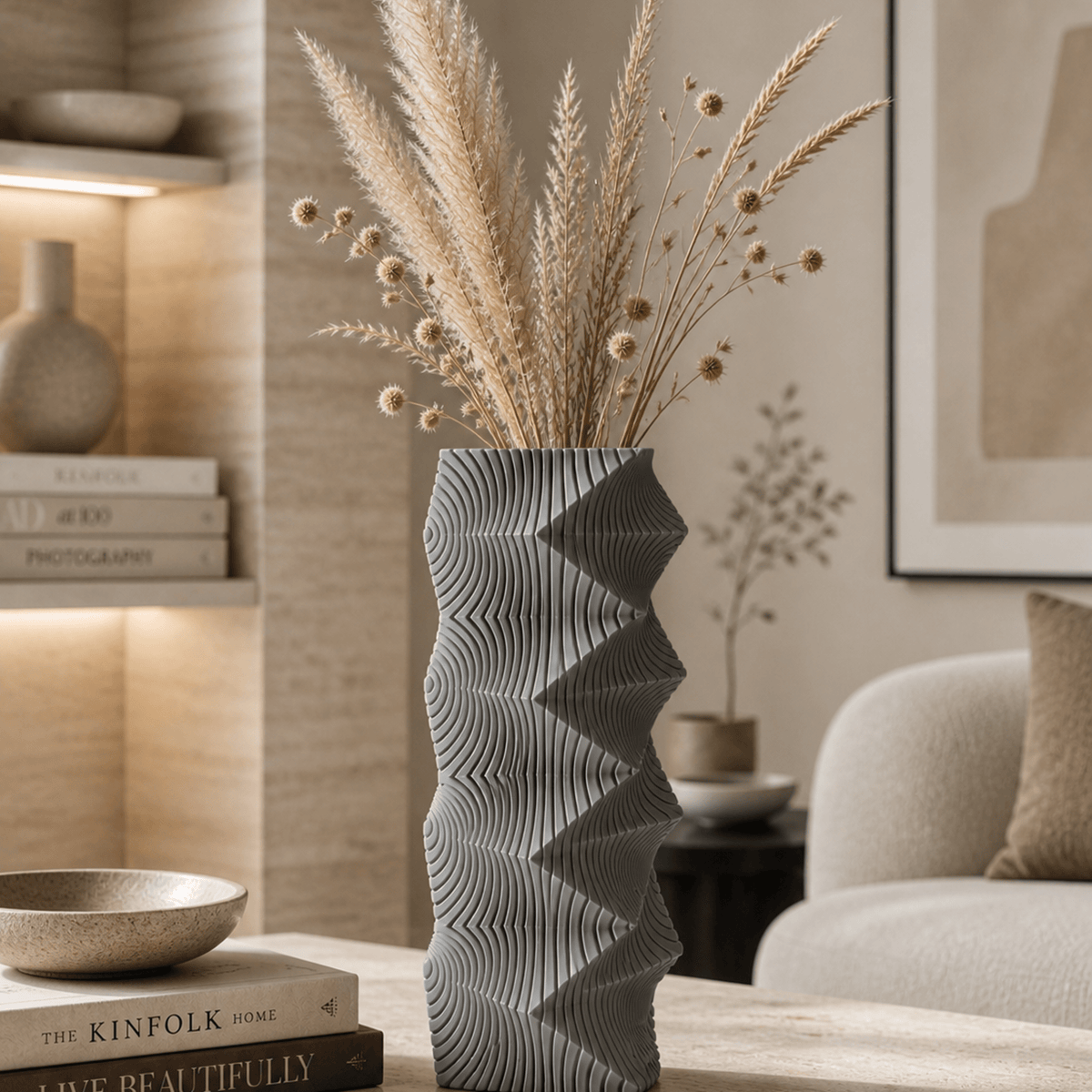 Geometric Wave Vase | Tall Sculptural Column Centerpiece by Pashmation