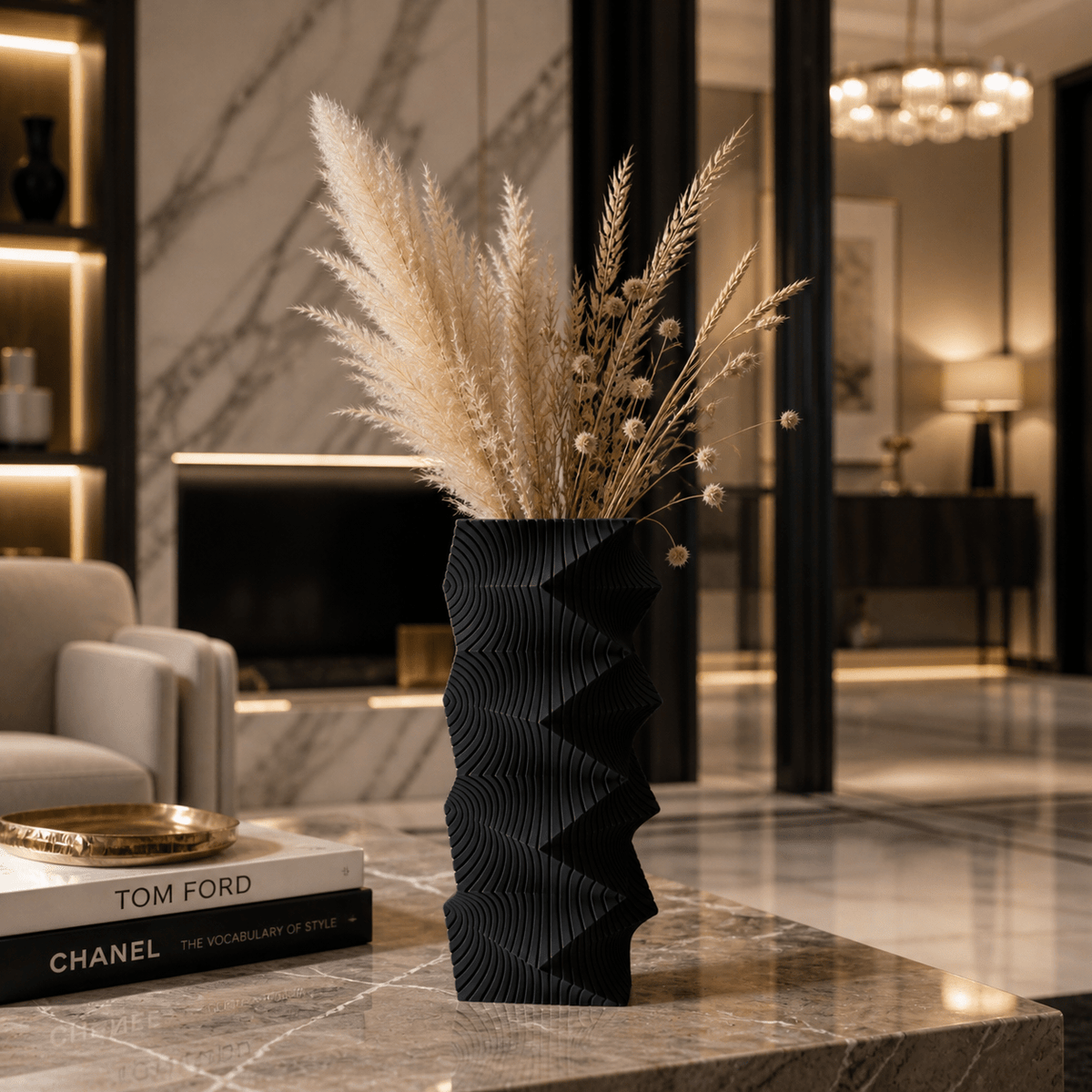 Geometric Wave Vase | Tall Sculptural Column Centerpiece by Pashmation