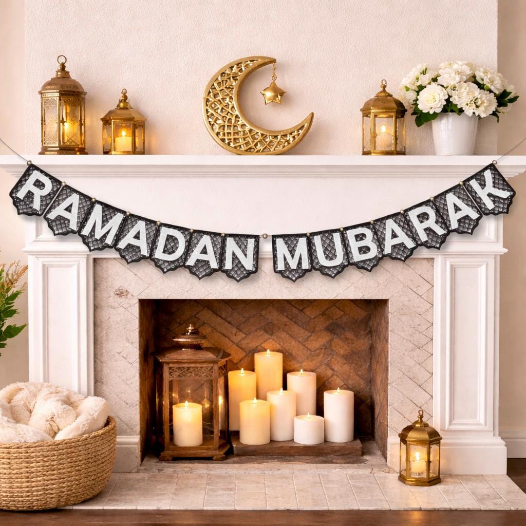 Hand-painted Eid Mubarak banner over Eid feast – wood pennant Heritage decor