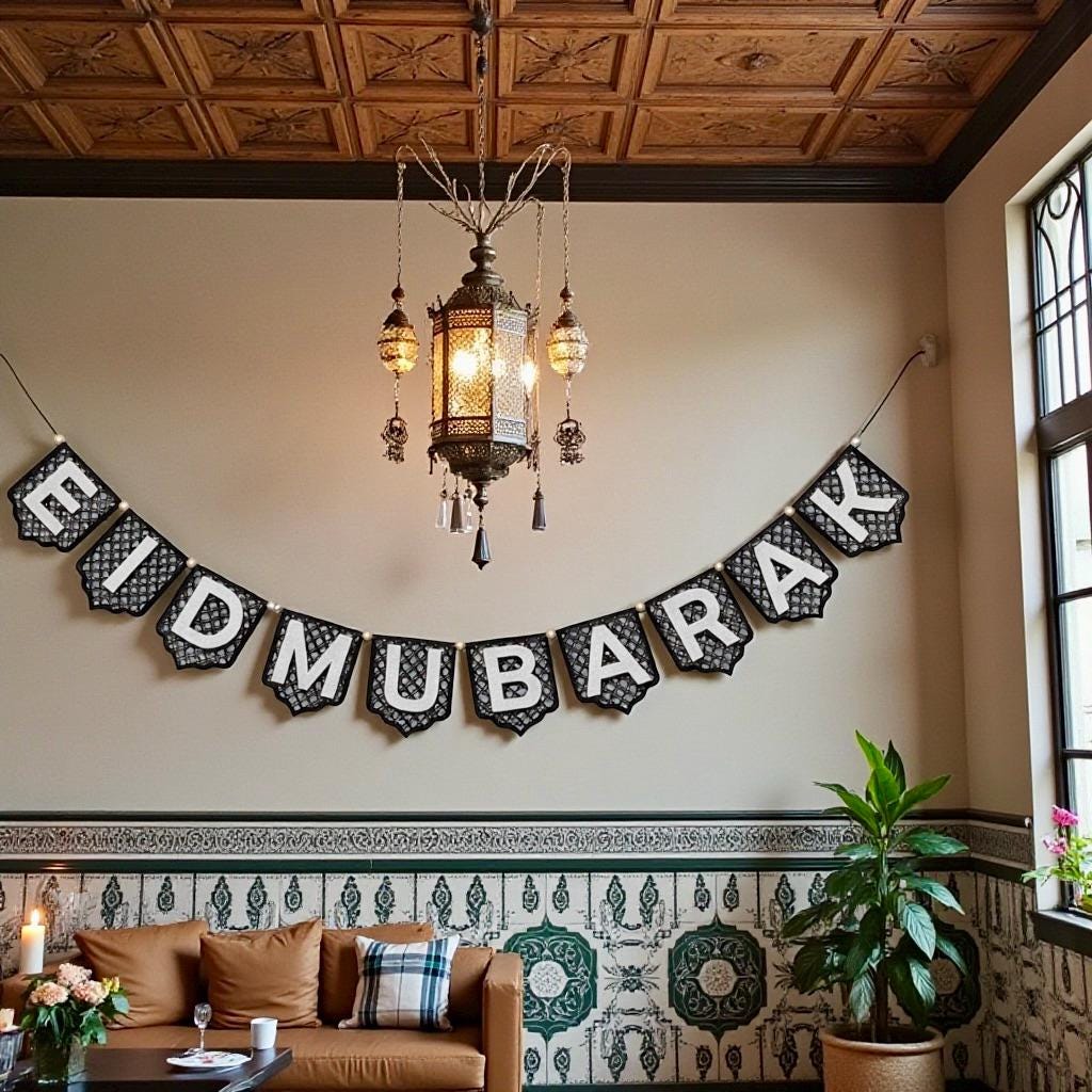 Hand-painted Ramadan banner on wall – laser-cut wood pennant with acrylic lettering