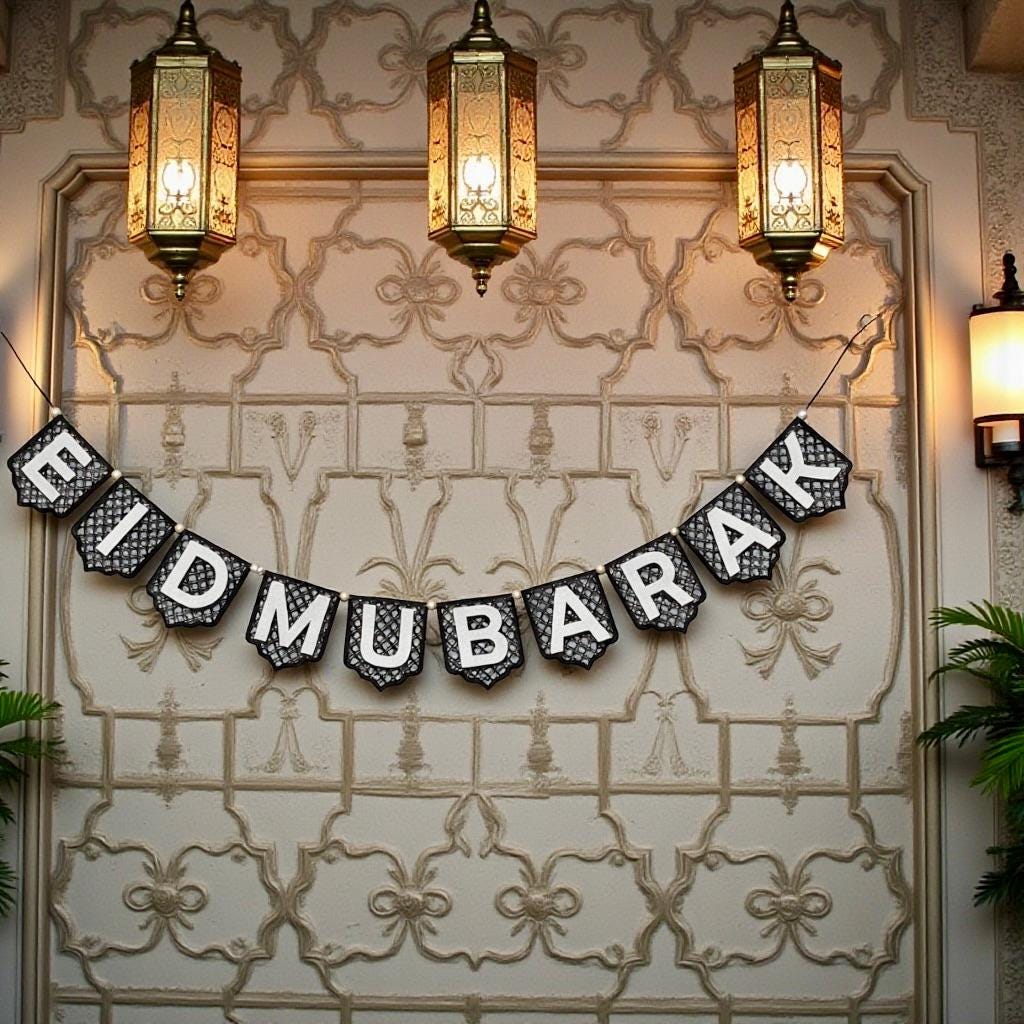 Hand-painted Eid Mubarak banner over mantel – wood pennant celebratory decor