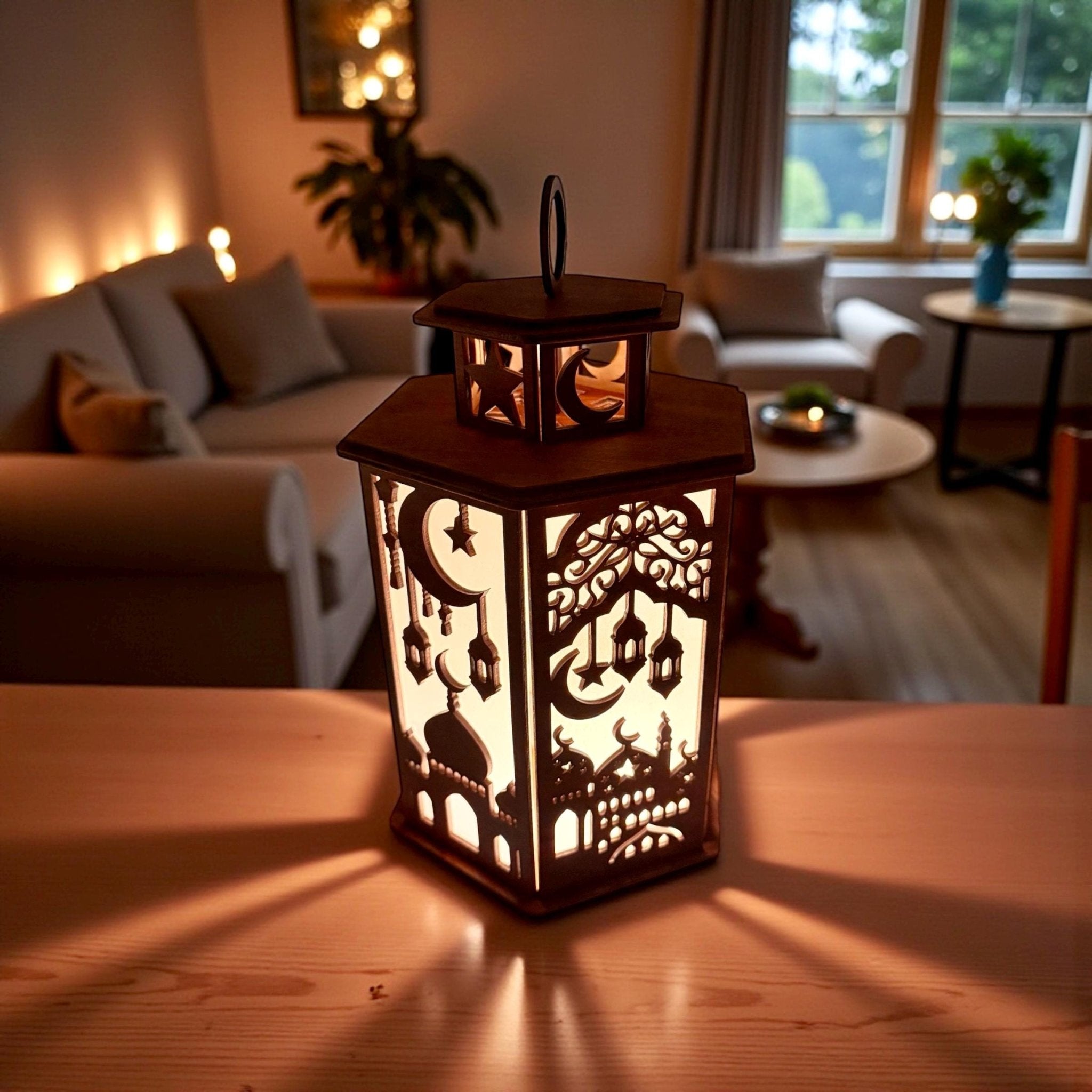 Hand-painted wooden lantern lit close-up – mosque cutout pattern detail
