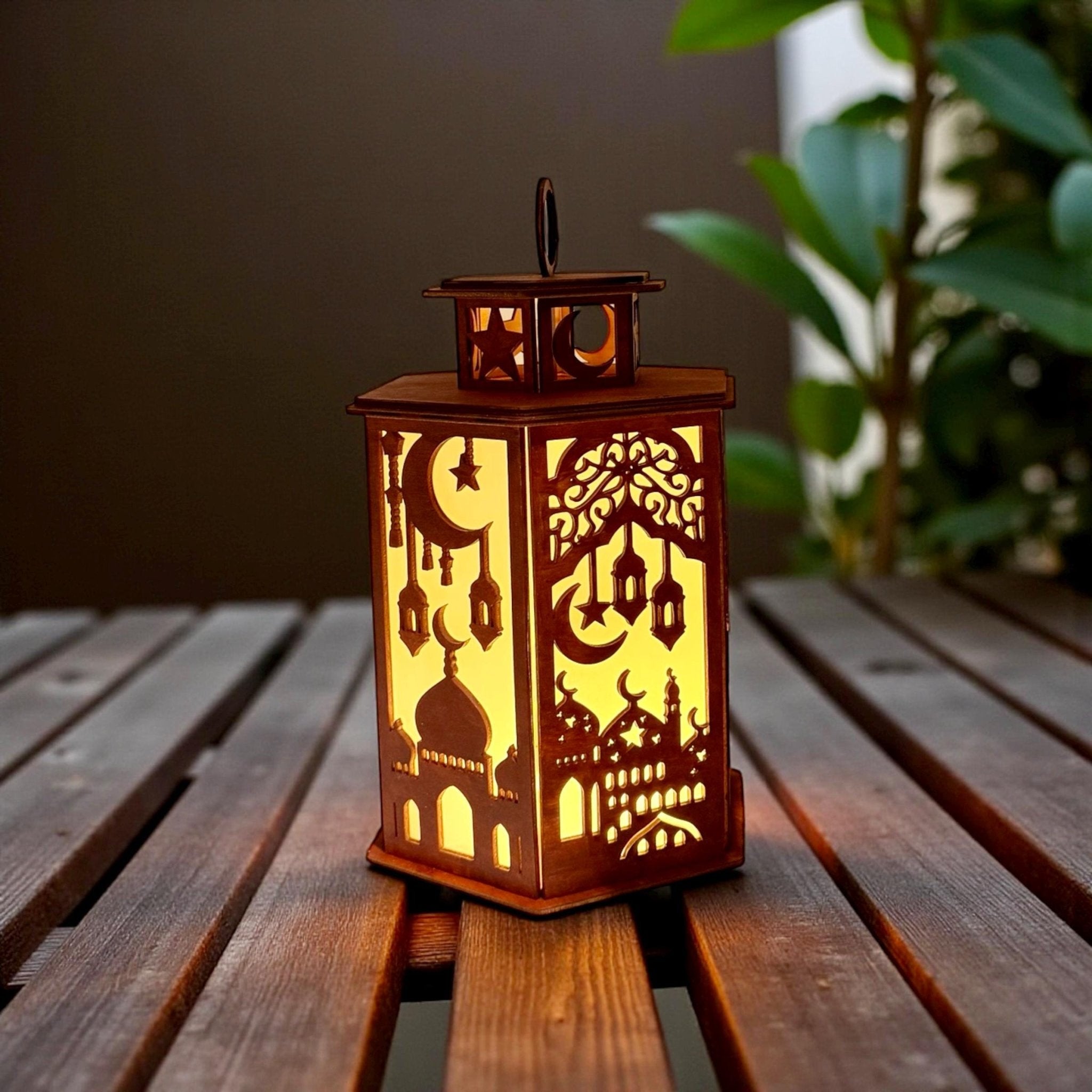 Hand-painted wooden lantern lifestyle – mosque silhouette decor for living room