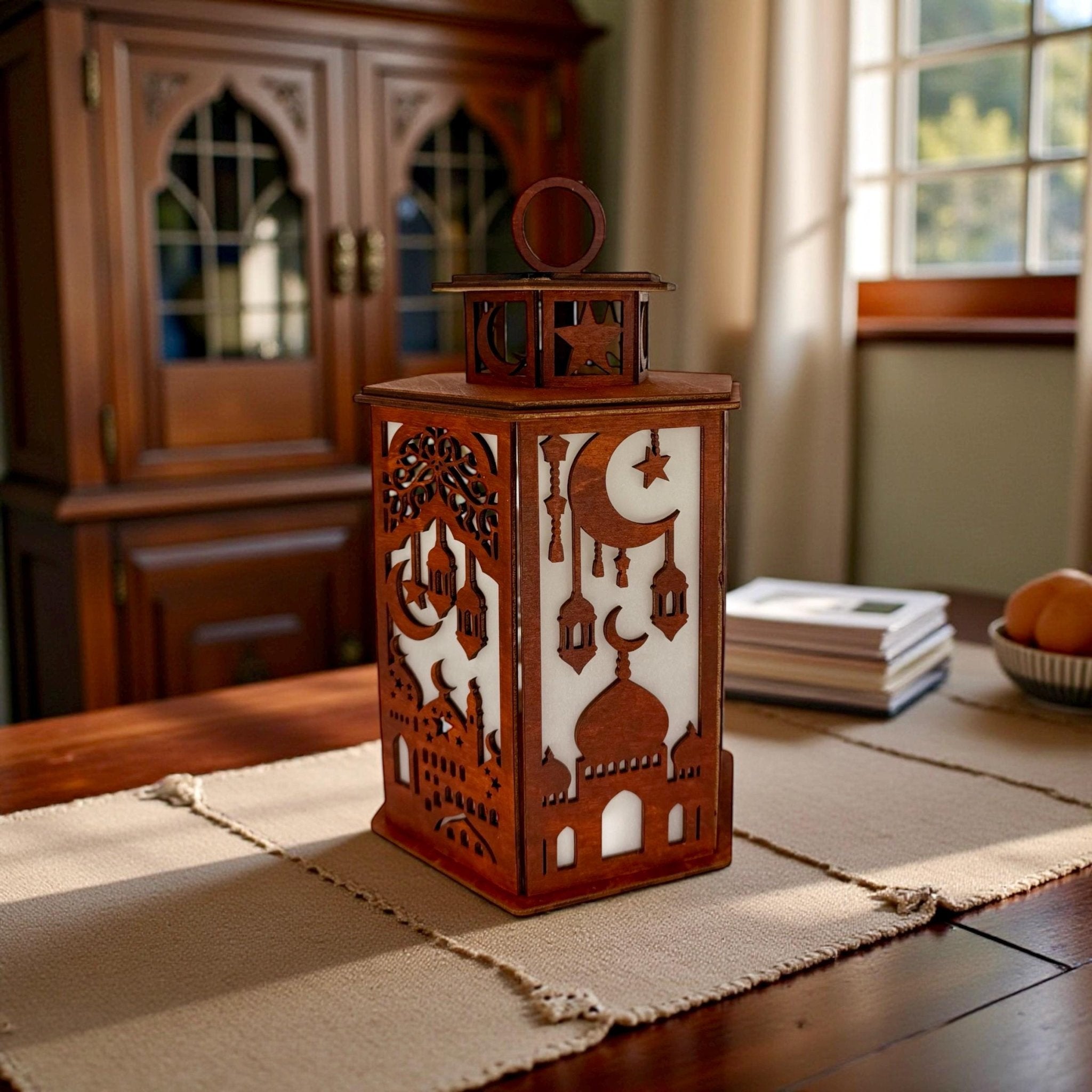 Hand-painted wooden lantern lifestyle – mosque silhouette decor for living room