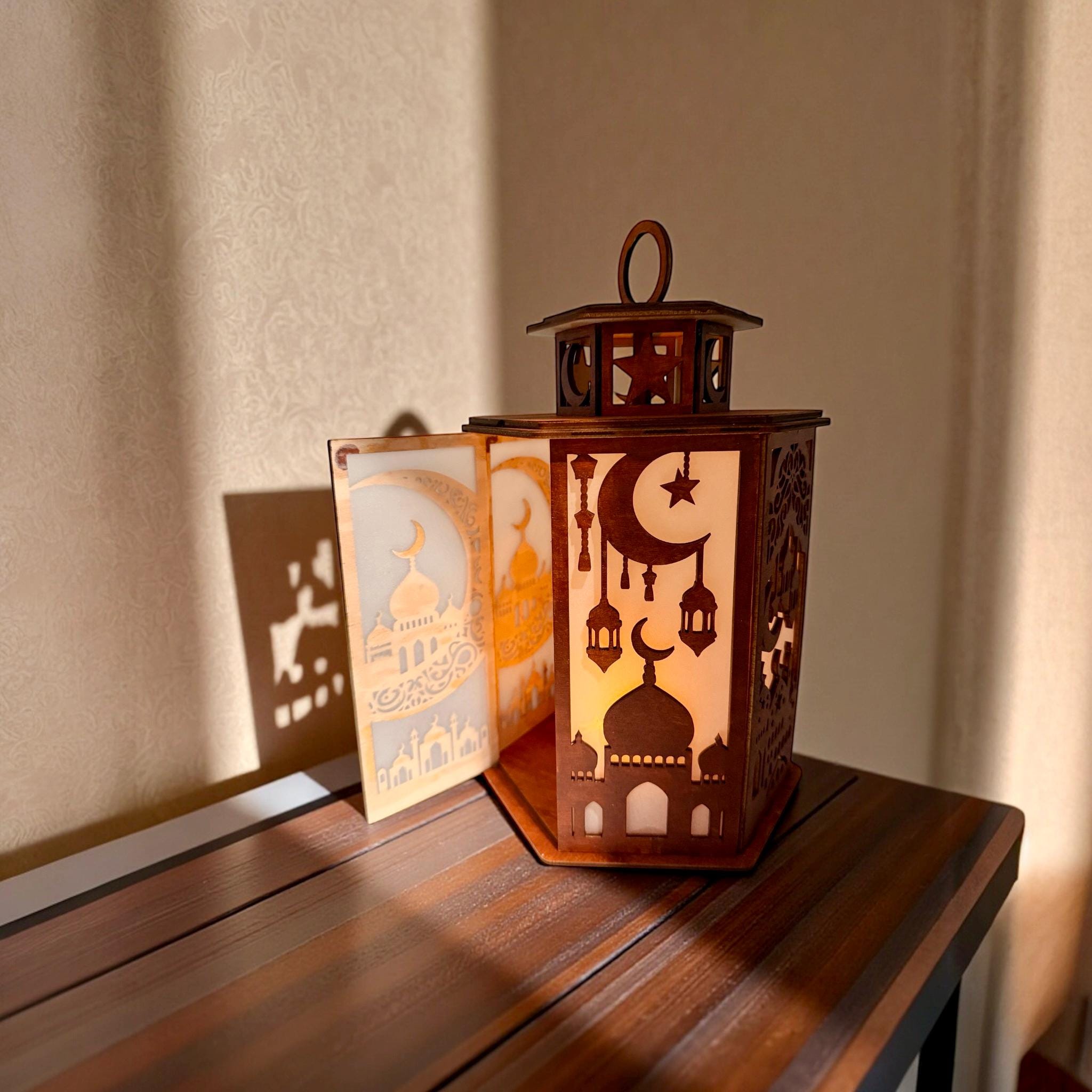 Hand-painted wooden lantern on table – mosque-cutout tealight holder decor