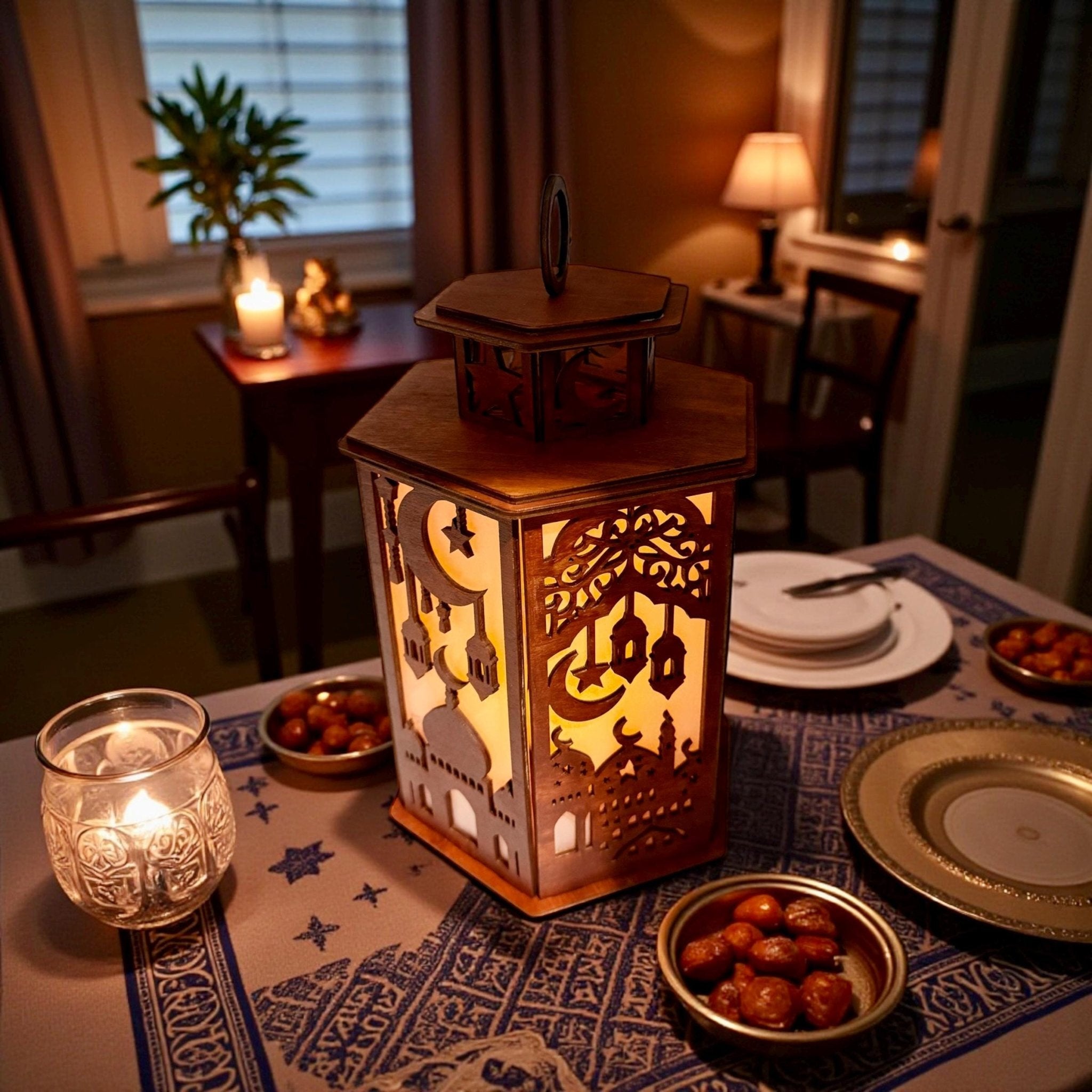 Hand-painted wooden lantern lit on dining table – mosque silhouette tealight holder