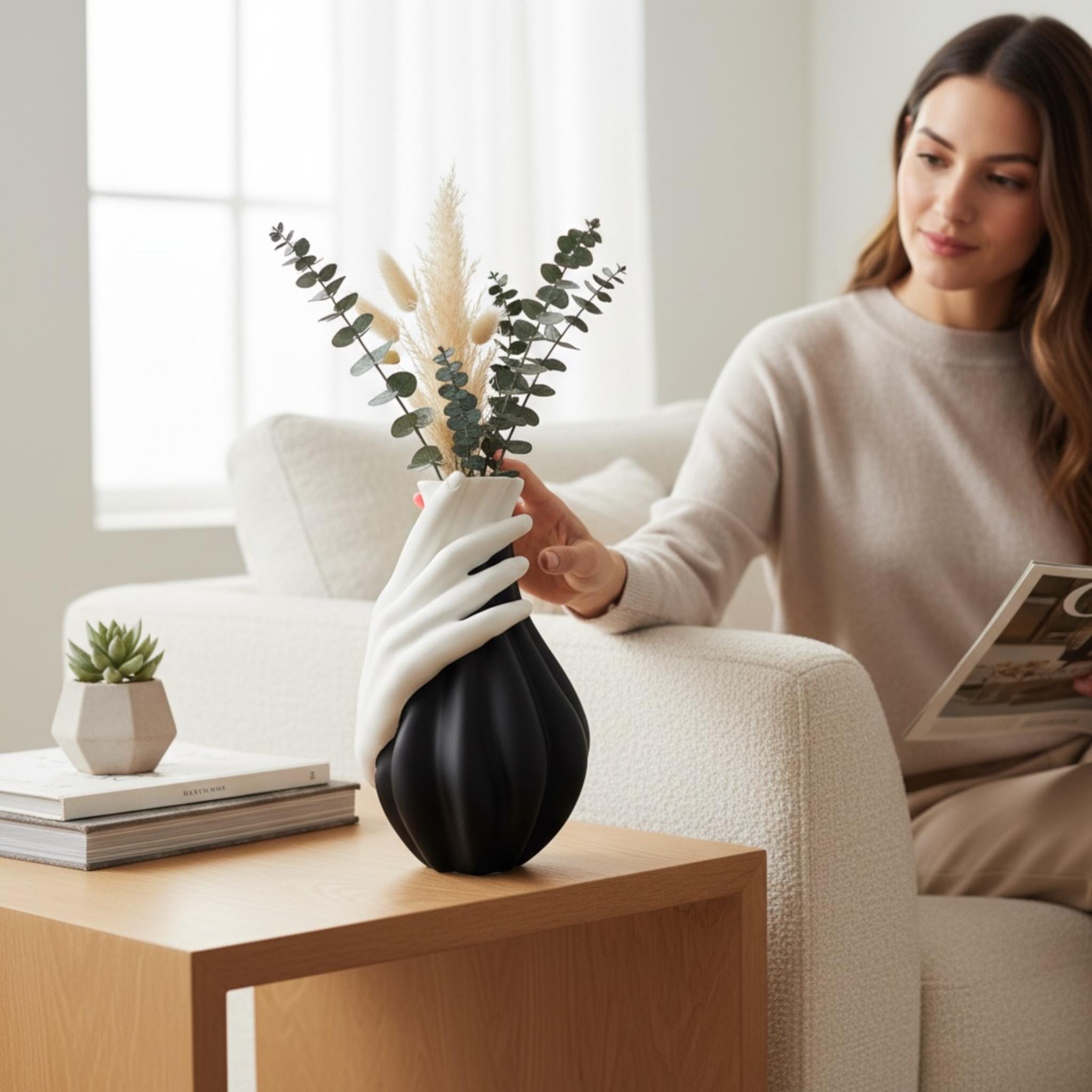White Hand Vase – sculptural hand-wrapped centerpiece