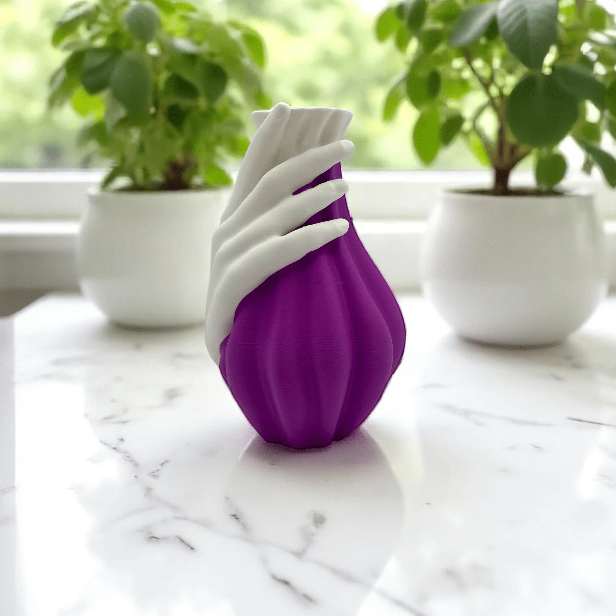 Purple Hand Vase styled with greenery – sculptural hand-wrapped vase