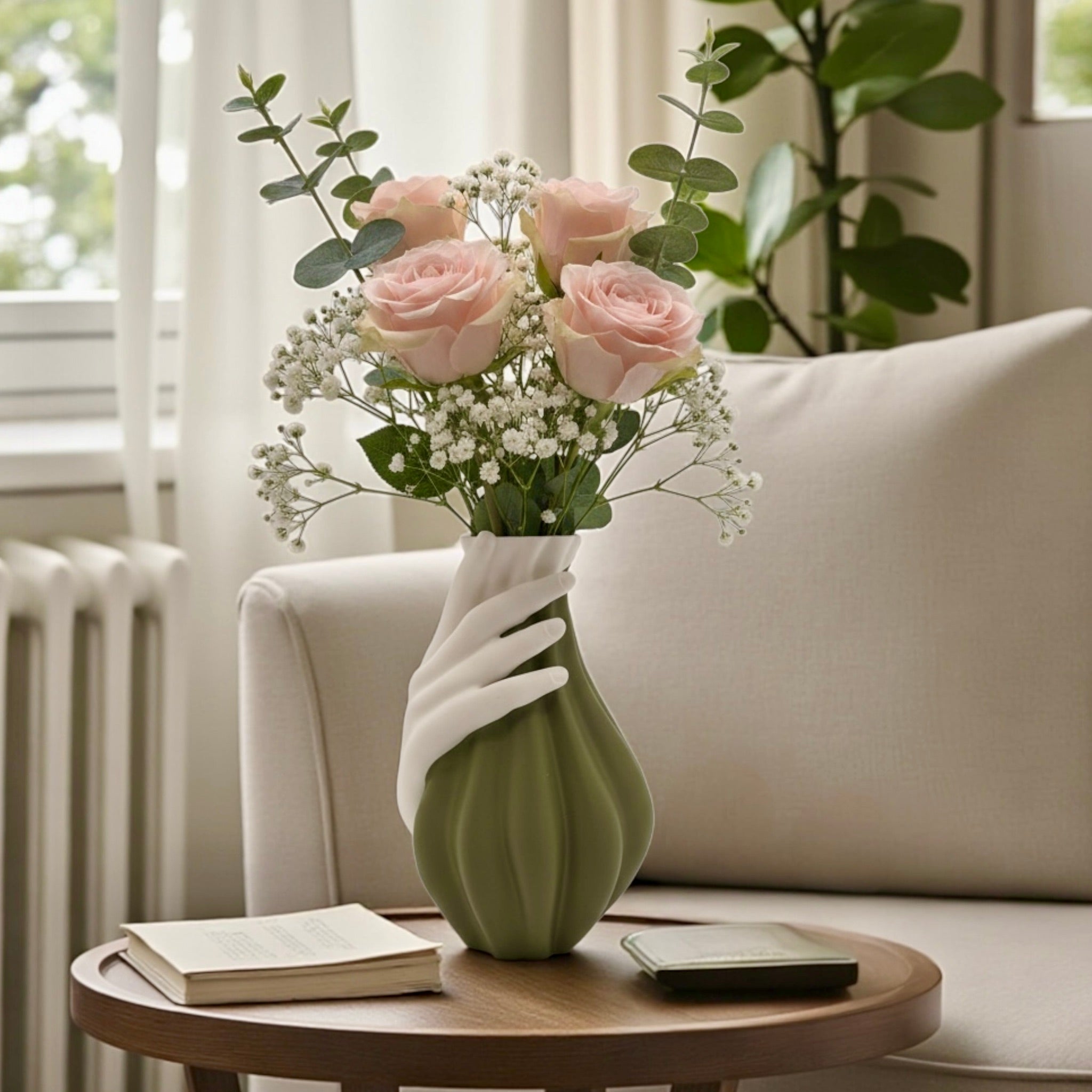 Two-tone Hand Vase styled with dried foliage – sculptural figural vase