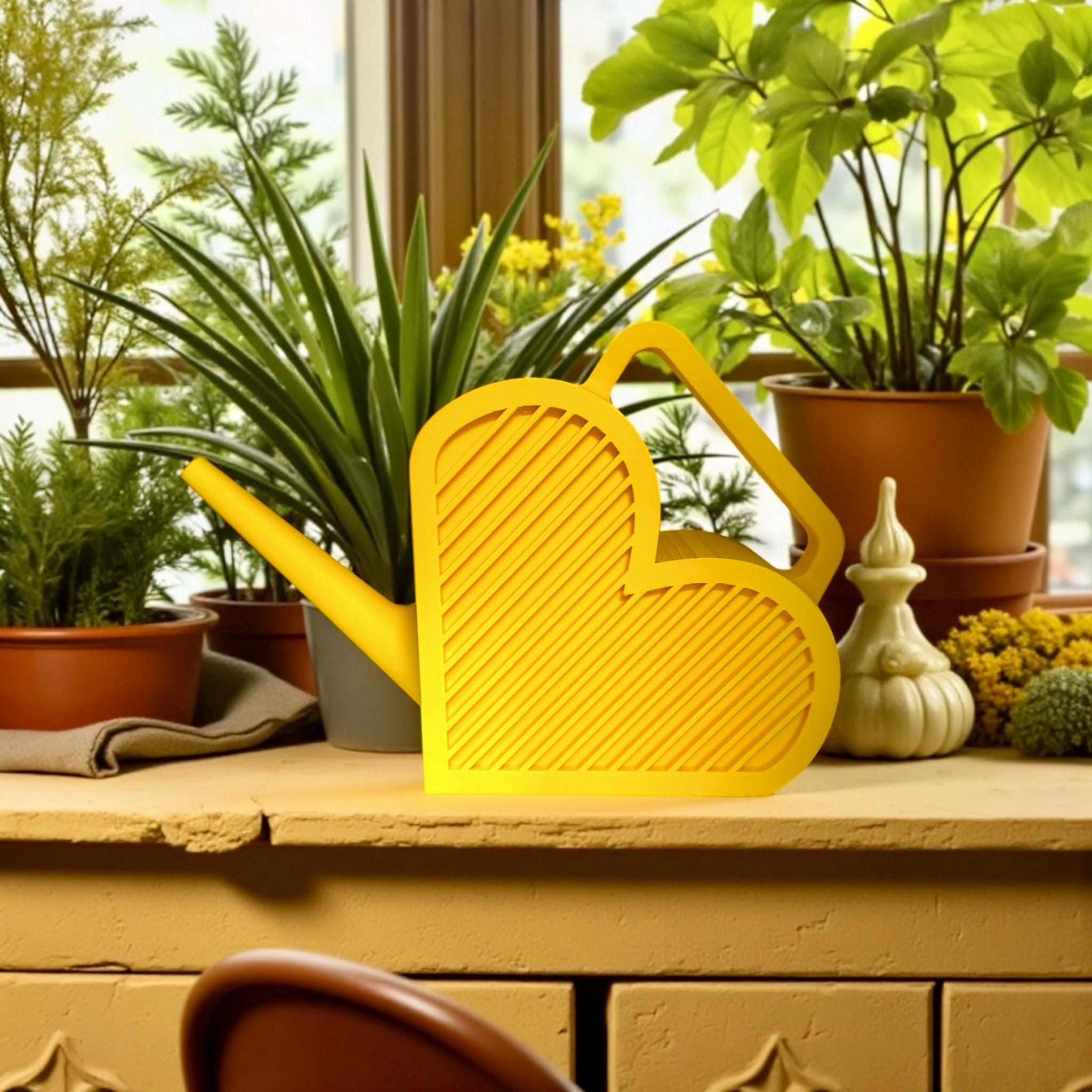 Yellow Heart-Shaped Watering Can – figural mini plant care pot