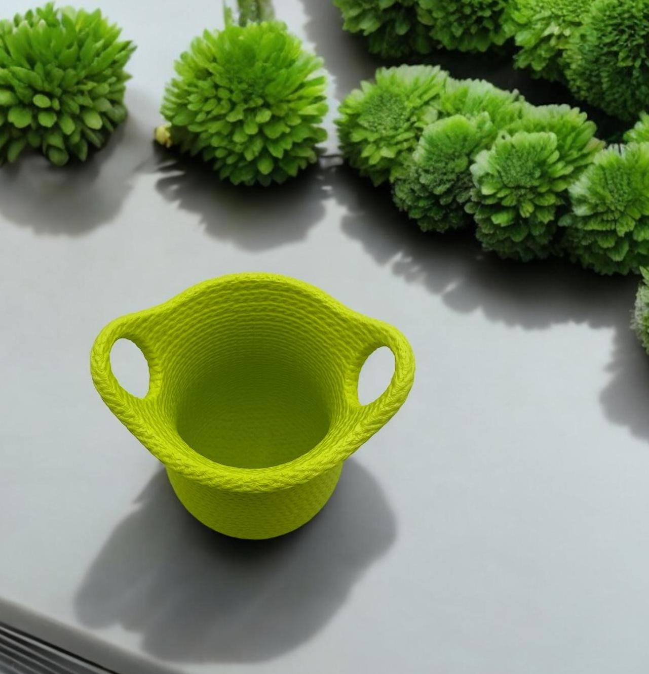 Lime Green Jute Basket Planter styled with succulent – woven texture indoor pot