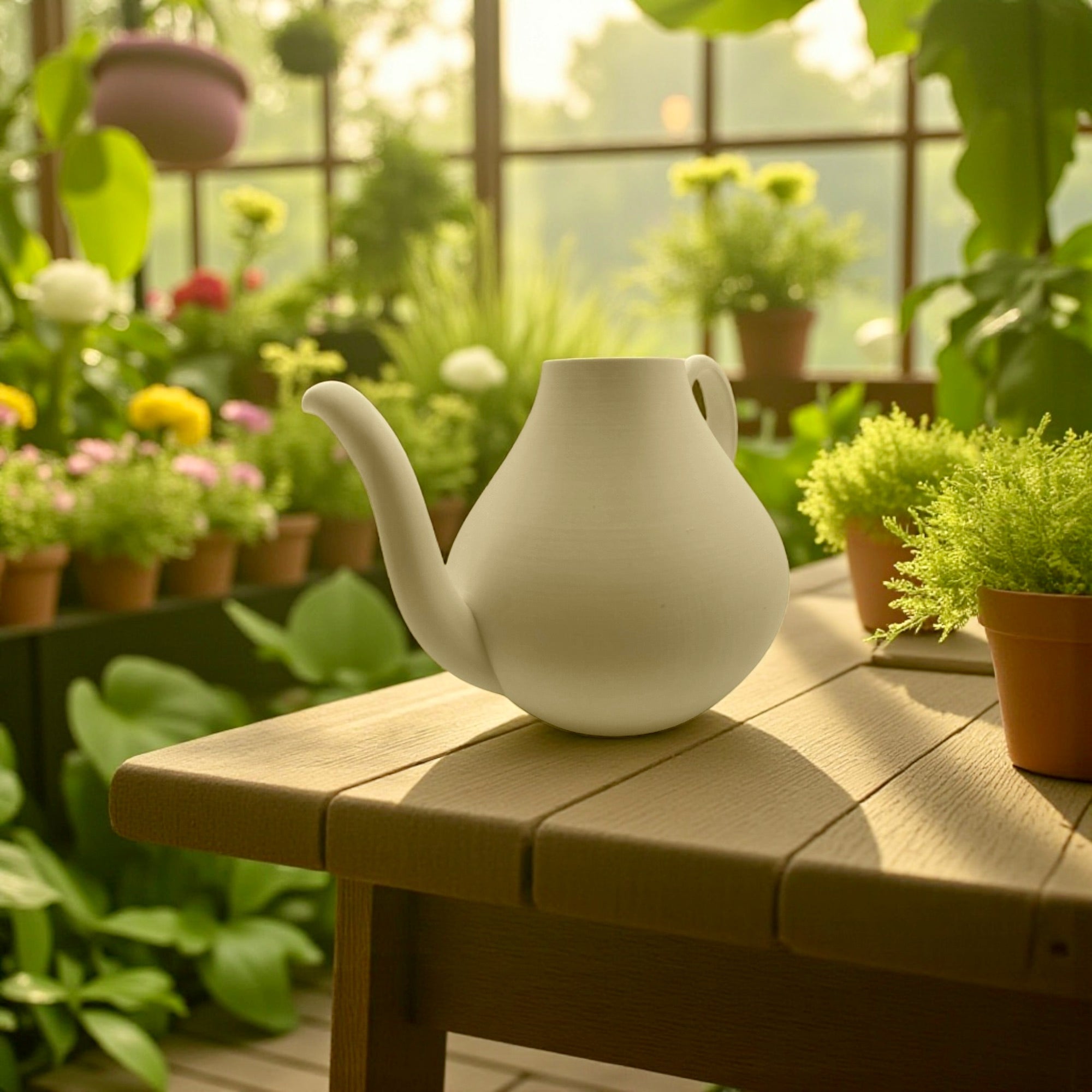 Tan Modern Watering Can with houseplants – modern sculptural indoor watering can