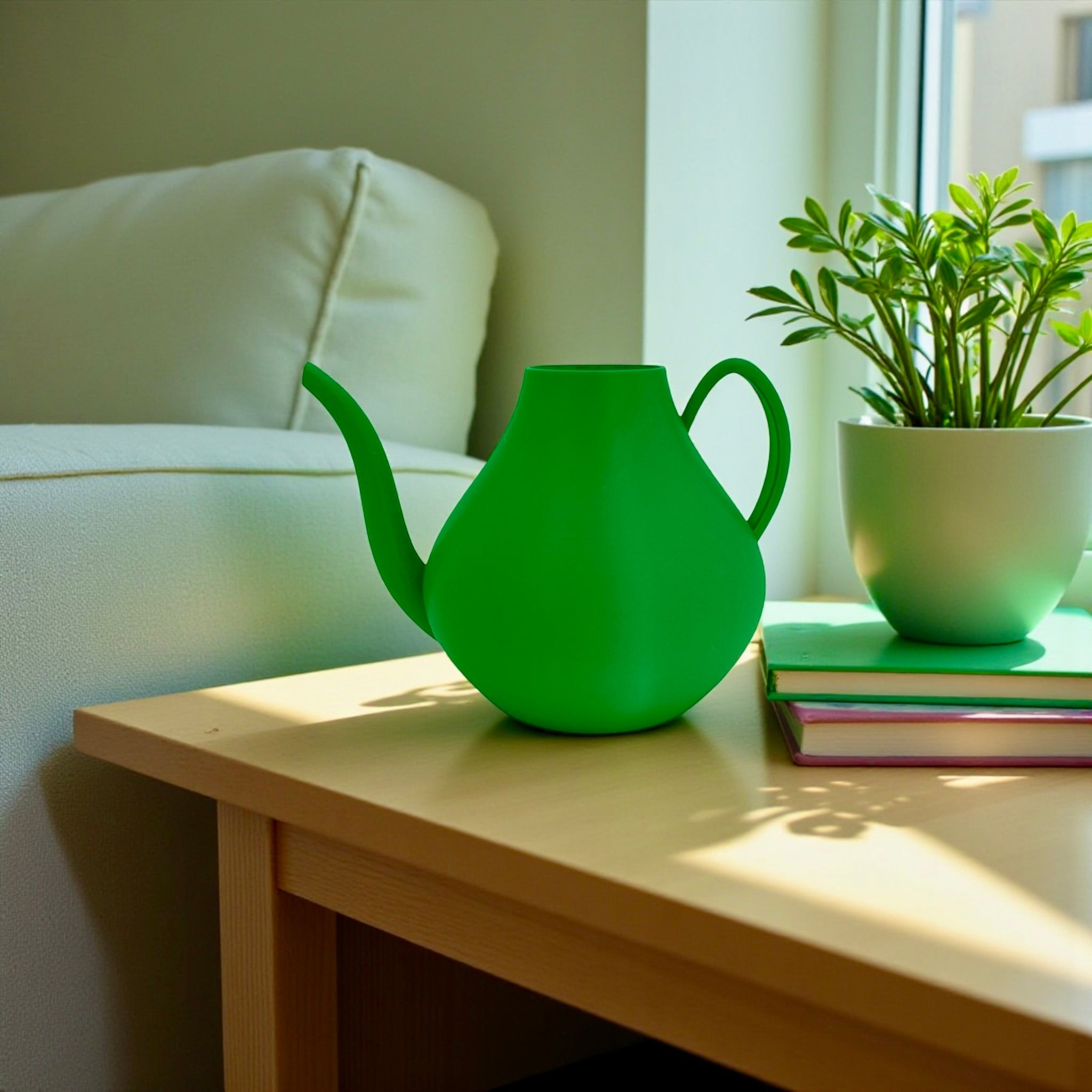 Green Grass Modern Watering Can with houseplants – modern sculptural indoor watering can