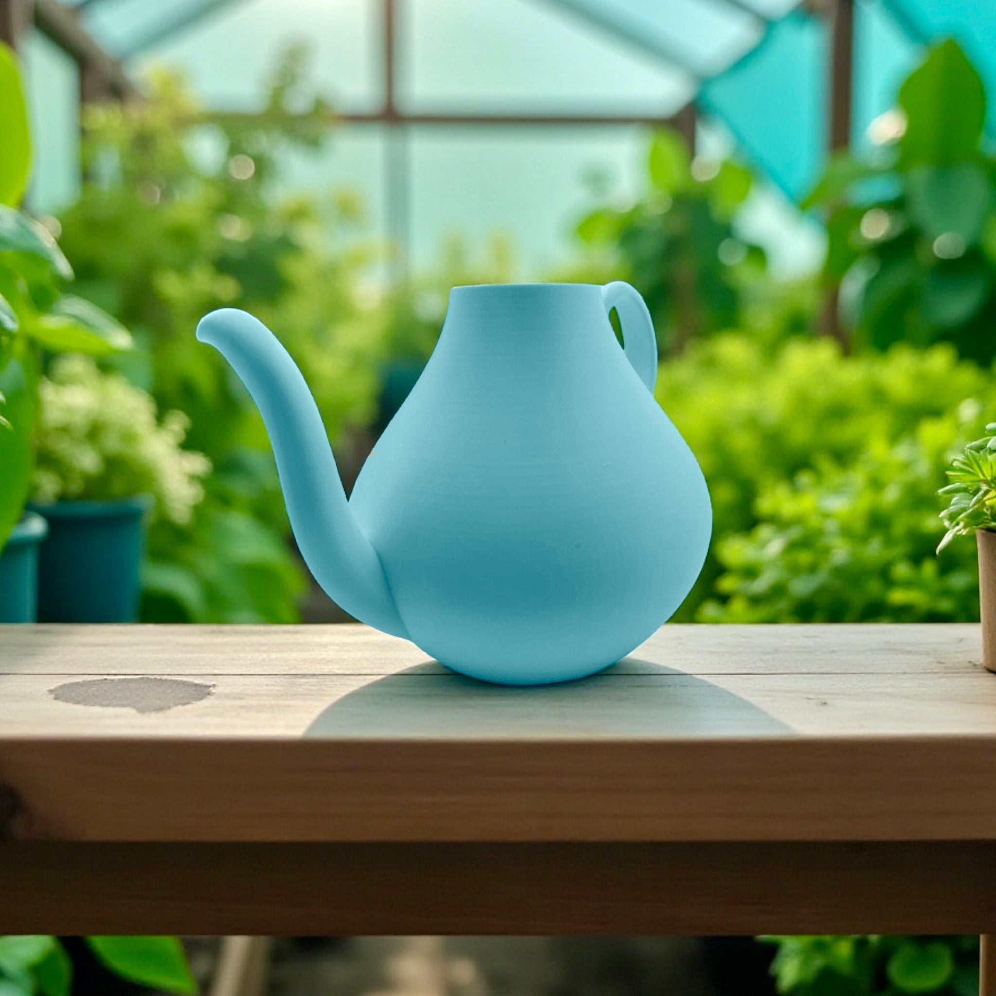 Ice Blue Modern Watering Can with houseplants – modern sculptural indoor watering can