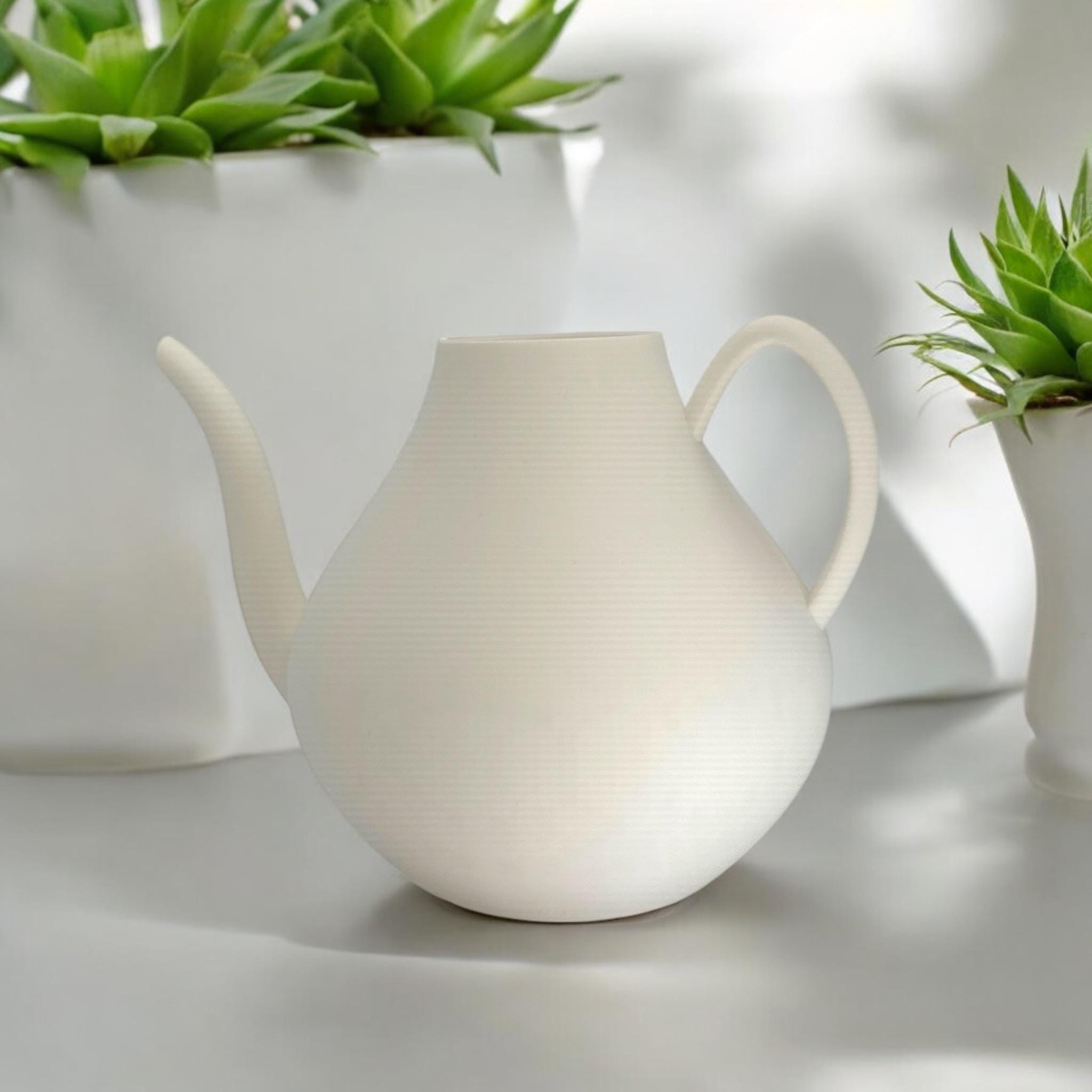 White Modern Watering Can with succulents – modern sculptural plant watering can
