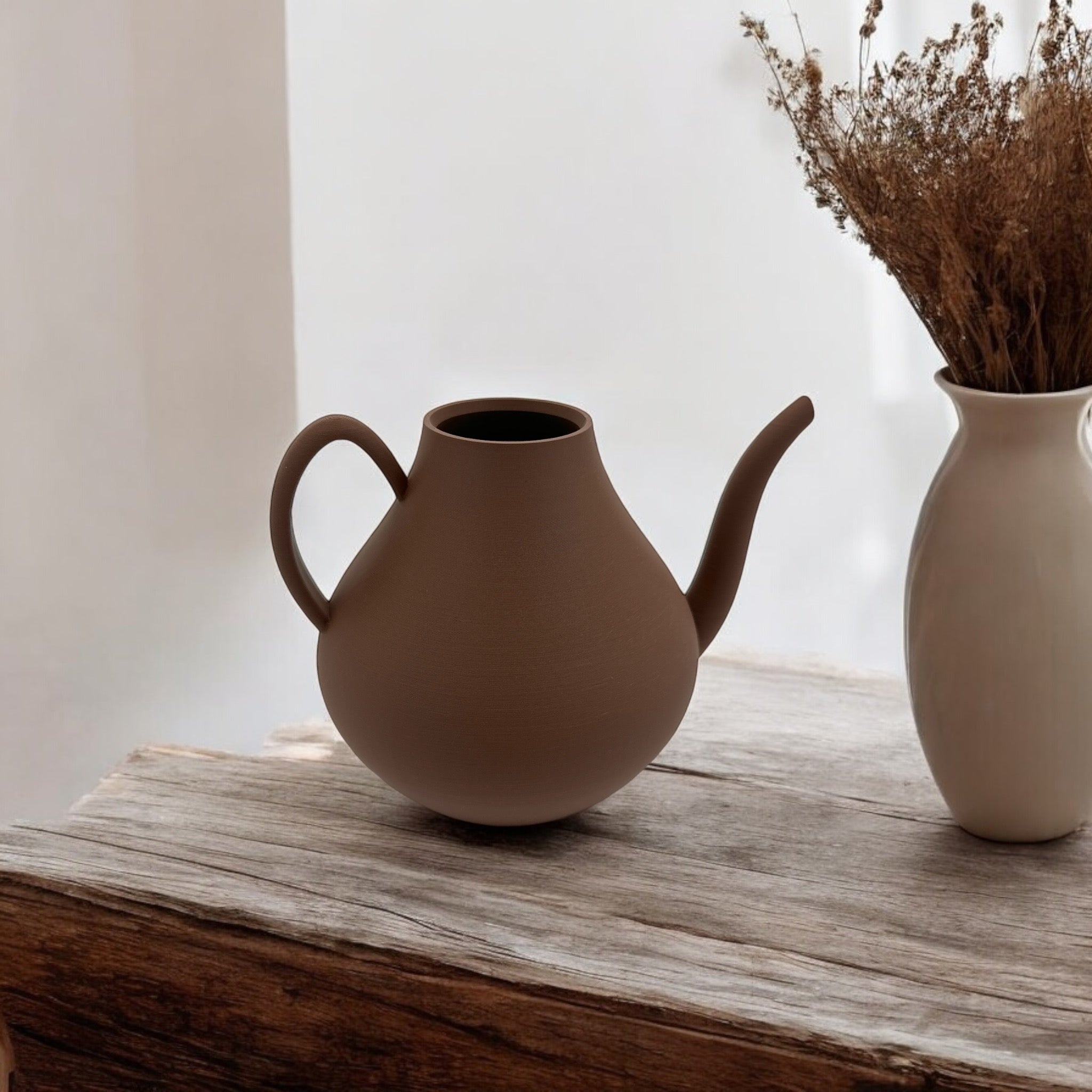 Dark Brown Modern Watering Can with houseplants – modern sculptural indoor watering can
