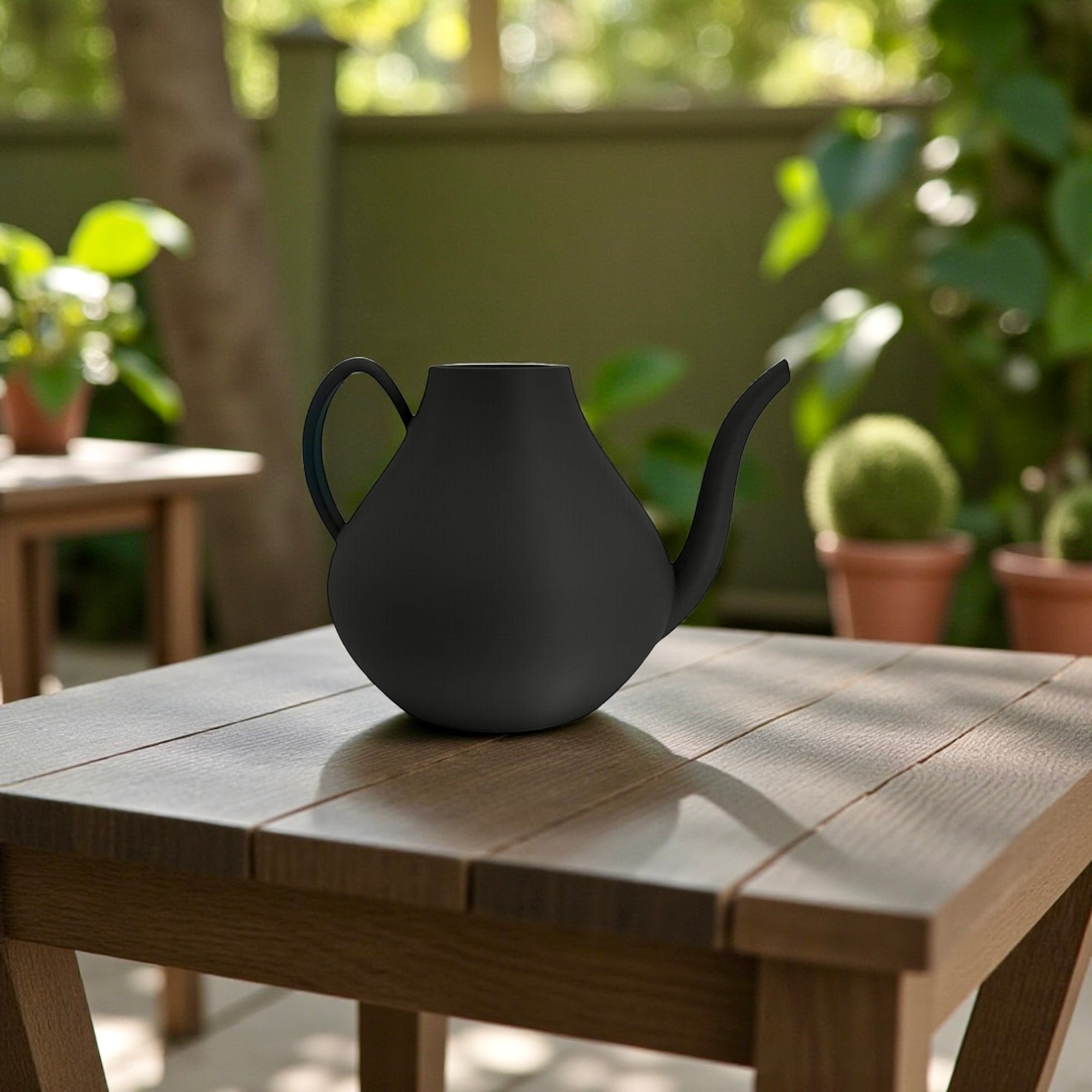 Black Modern Watering Can with cactus – modern sculptural indoor watering can